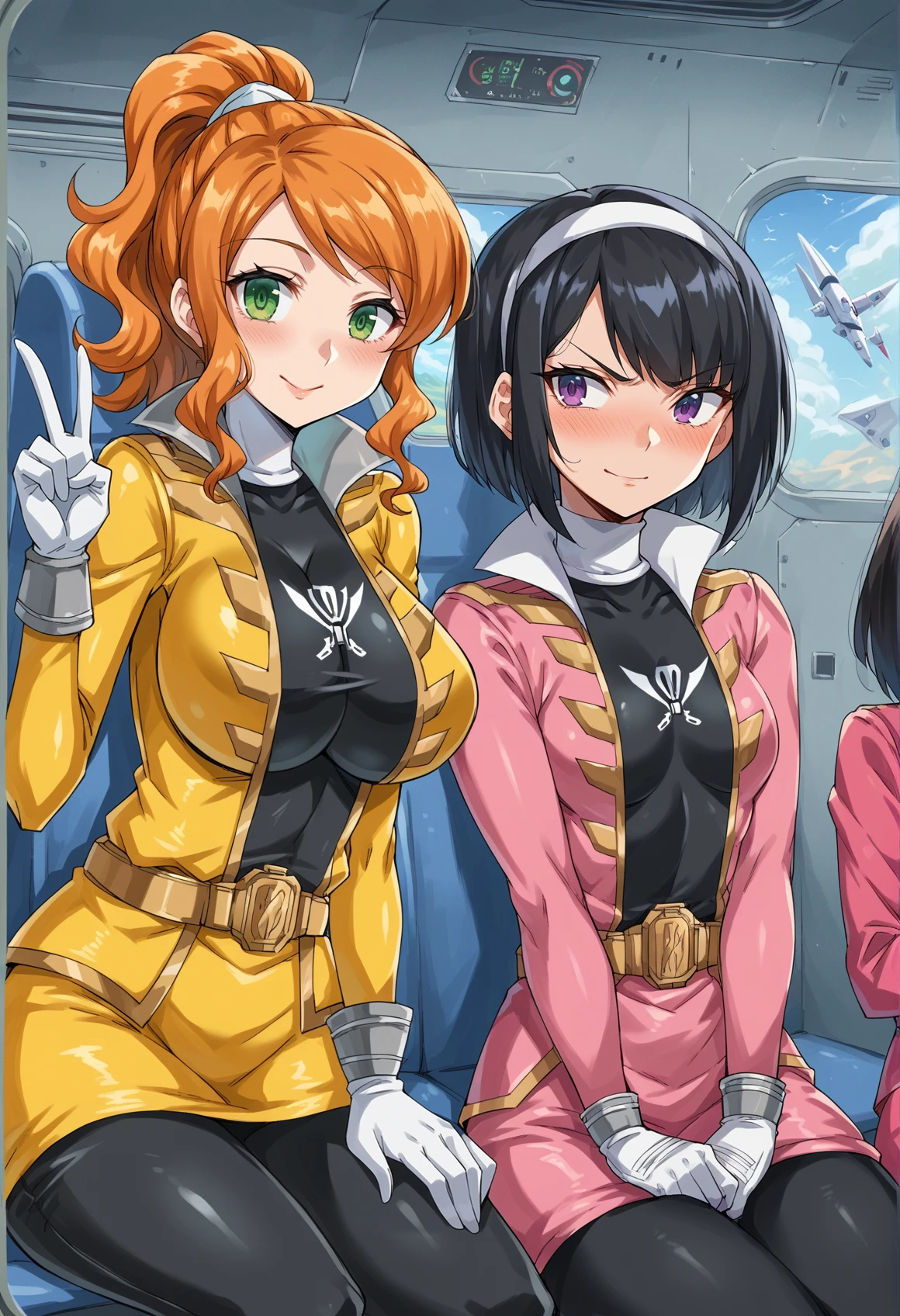 2girls, spacecraft interior, 1girl, black bodysuit, bodysuit under clothes, white collar, white gloves, yellow jacket, yellow skirt, belt, bracelet, big breasts, orange hair, green eyes, curly hair, ponytail, smile, wink, v, blush
BREAK
2girls, spacecraft interior, 1girl, black bodysuit, bodysuit under clothes, white collar, white gloves, pink jacket, pink skirt, belt, bracelet, short hair, black hair, purple eyes, small breasts, tsundere, blush, crossed arms  <lora:Pirate_sentai:1>, score_9, score_8_up, score_7_up, score_6_up, score_5_up, score_4_up, BREAK source_anime, masterpiece