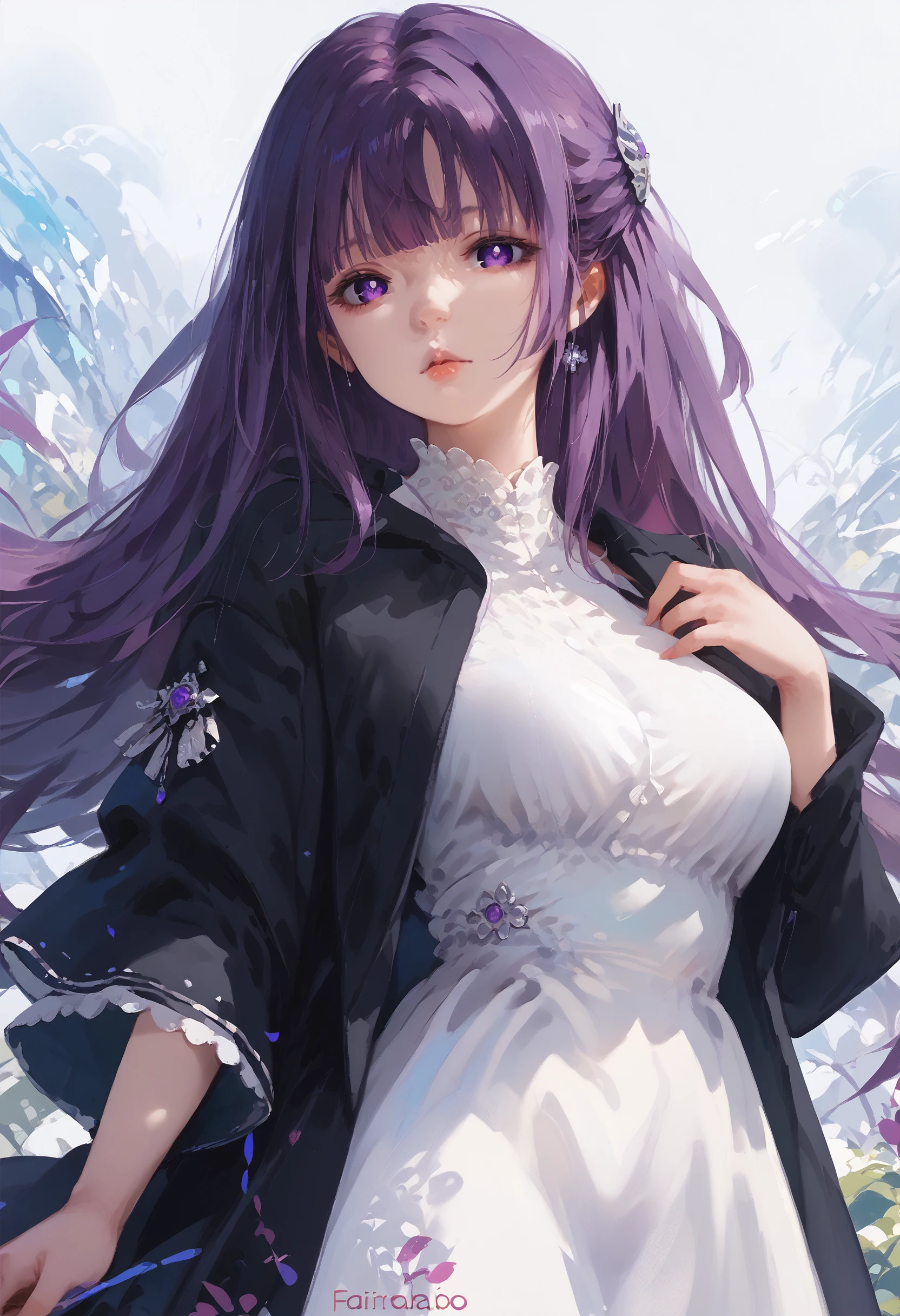 score_9, score_8_up, score_7_up, 1girl, FernBase, purple eyes, purple hair, long hair, half updo, hair ornament, white dress, collared dress, black robe
<lora:others_CHAR-FernPonyXL:0.9>
<lora:style_taejune_kim_1:1>