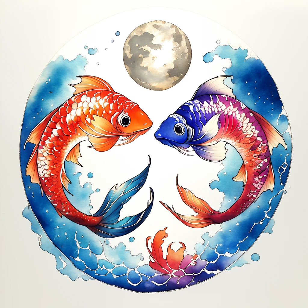 ArsMJStyle, Pisces, The image shows a painting of two koi fish swimming in front of a full moon surrounded by a white background. The painting is a representation of the zodiac sign of the fish with its vibrant colors and intricate details., no humans, round image, fish, painting (medium), traditional media, circle, watercolor (medium), moon, animal focus, acrylic paint (medium) core_9, score_8_up, score_7_up, score_6_up,    <lora:ArsMJStylePony:1>