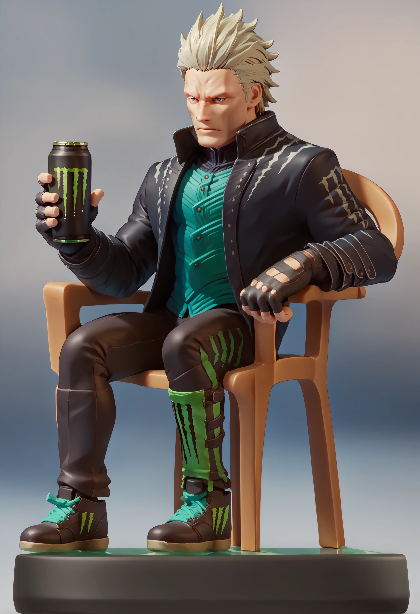 score_9, score_8_up, score_7_up, amiibo, figure, solo, full body, <lora:Amiibo_pdxl_Incrs_v1:1>, <lora:dmc5_vergil_ponyXL:1> dmc5vergil, black coat, fingerless gloves, pants, <lora:PlasticChair_XLPD:1> plastic chair, sitting, leaning, monster energy, holding,