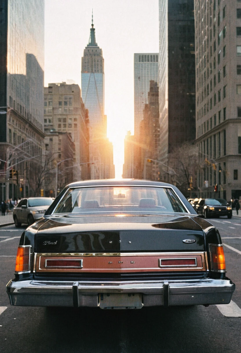 ClassicMuscleCar, gleaming black Ford LTD, front side view, Manhattan skyscrapers cityscape background, late afternoon sunset, warm colors, 4K, highly detailed, (stylish grainy analog 35mm film photo)