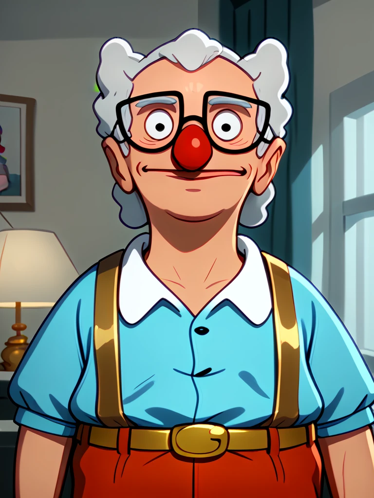 <lora:Al_Genarro_-_Bobs_Burgers:1> 1boy, old man, pattern baldness, gray hair, wrinkled skin, elderly, glasses, black framed eyewear,  gold belt buckle,  looking at viewer, clown paint, red clown nose, clown suit,, source_cartoon, score_9, score_8_up, score_7_up,