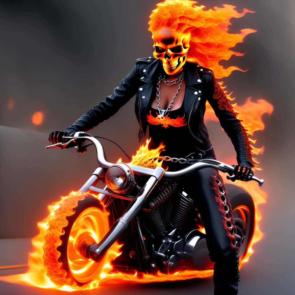 a female ghost rider riding her hell bike down the street, flames for tires, hell cycle, chain on jacket