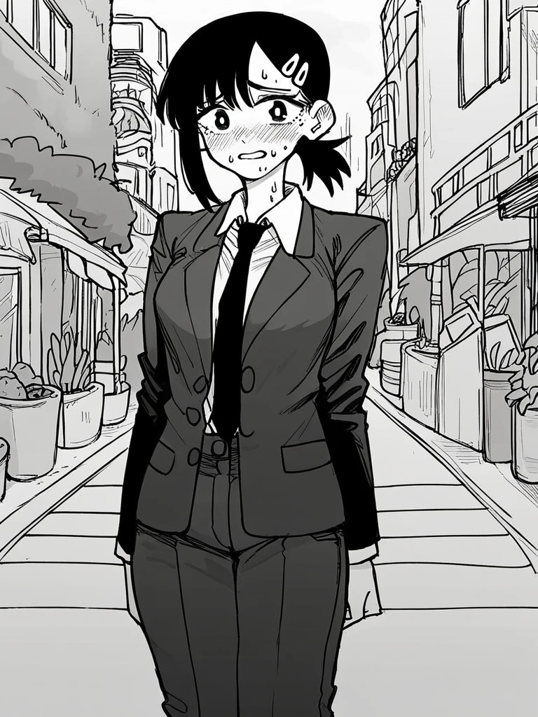 score_9, score_8_up, score_7_up, 
 1girl, monochrome, higashiyama kobeni, 

necktie, pants, nervous, standing, solo, outdoors, street, looking at viewer, looking at viewer