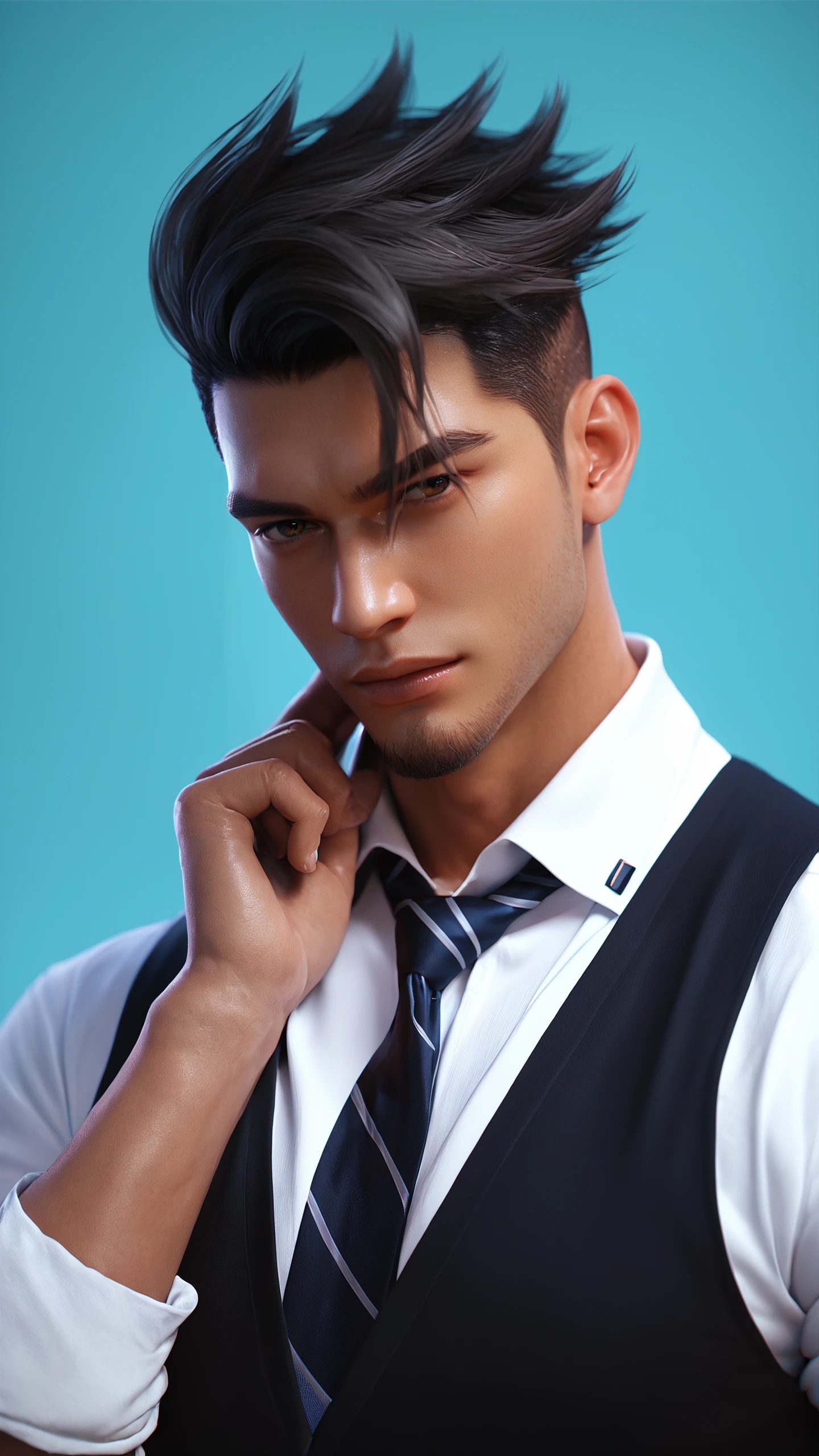 score_9, score_8_up, score_7_up, i want the whole image to be created in 3D anime style, solo, looking at viewer, simple background, shirt, black hair, 1boy, upper body, male focus, necktie, collared shirt, vest, facial hair, sleeves rolled up, realistic, manly, undercut