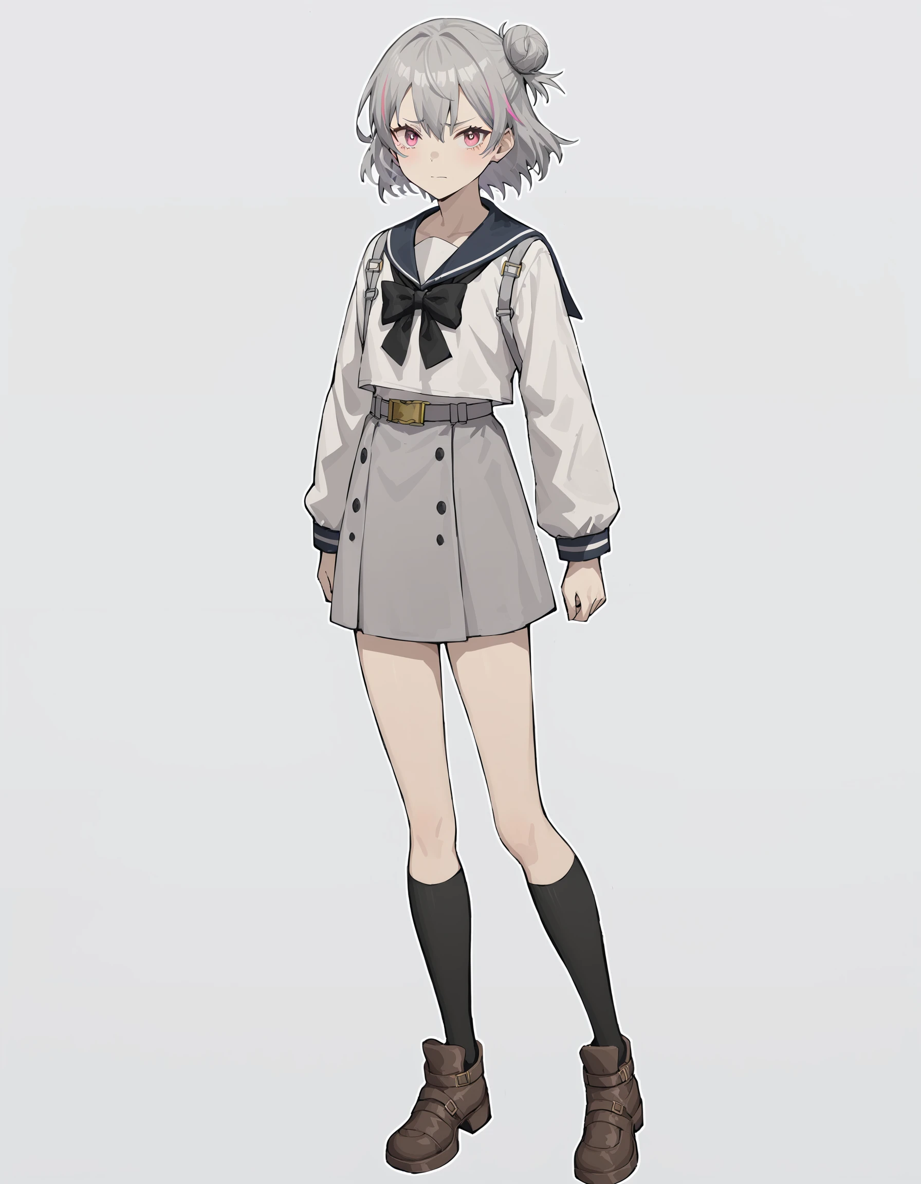 score_9,score_8_up,score_7_up,white background,simple background,looking at viewer,sailor,sailor collar,sailor skirt,full body,
<lora:duominixi_pony:0.7>,duominixi,1girl,solo,grey hair,hair bun,short hair,pink eyes,jewelry,<lora:Anime_Screencap:1>,anime screencap,embarrass,thighs,over-kneehighs,