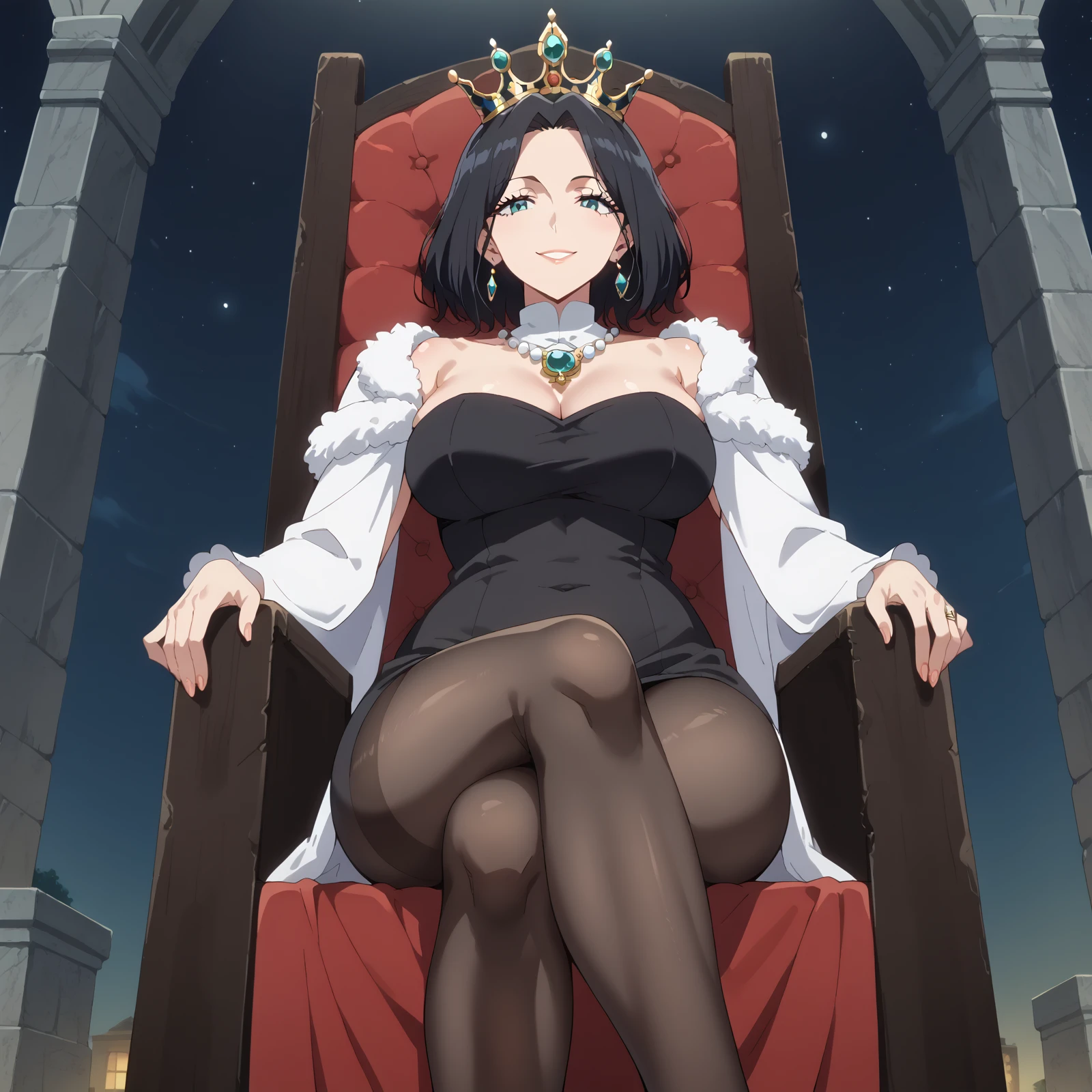 score_9,score_8_up,score_7_up, sm_an_stl, source_anime, anime screencap, anime, animification, 1girl, female, curvy, wide hips, Queen, mature female, crown, sitting, throne, smile, medium hair, black hair, at night, jewelry, necklace, crossed legs, black tightights, air of superiority,frontal view, from below