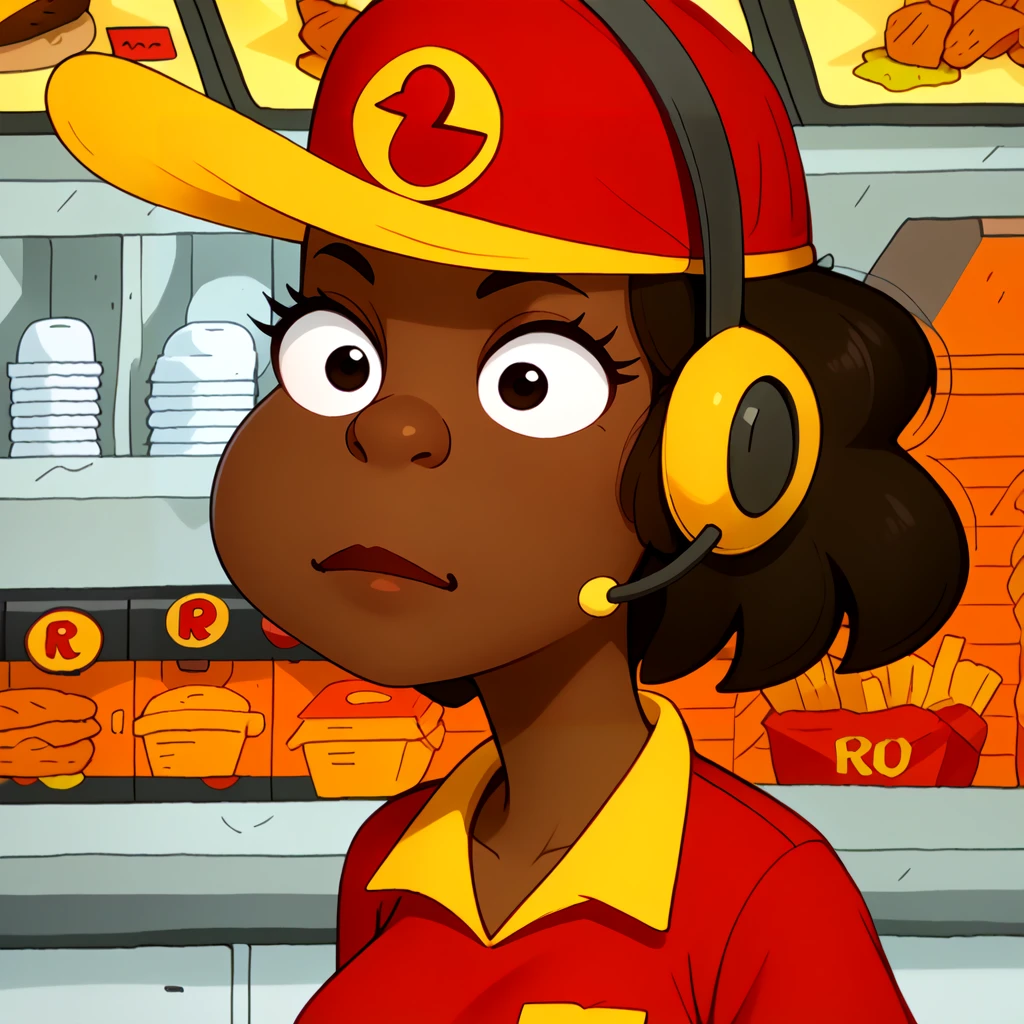 <lora:Rough_Riders_Chicken_Lady_-_Clarence:1> 1girl, adult, baseball cap, red hat with yellow brim, yellow headset, headphones with microphone, dark-skinned female, short hair, puffy hair, red shirt with yellow collar, yellow cuffs, black hair, chicken symbol on hat, yellow nametag, fast food job,, source_cartoon, score_9, score_8_up, score_7_up,