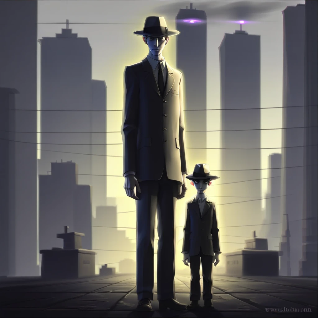 Man in a city, fedora, Glowing eyes, Pale gray skin, standing, 2boys