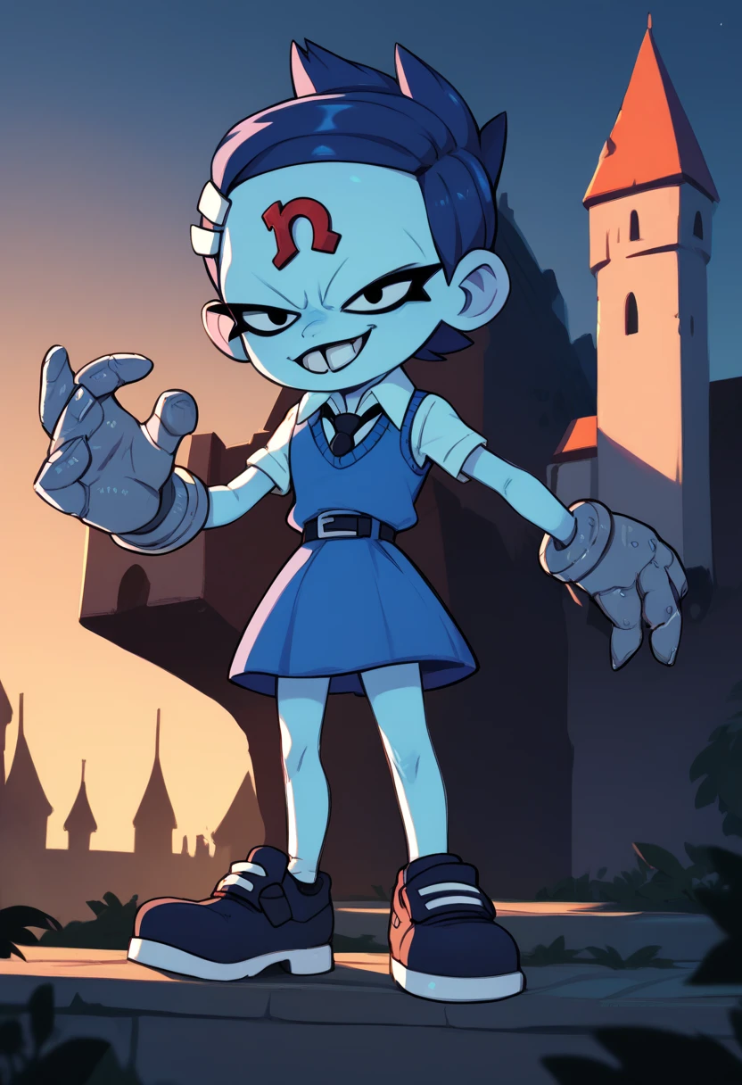 score_9,score_8_up,score_7_up,score_6_up,
ninacortexxl,black eyes,forehead jewel,buck teeth,short blue hair,white hairclip evil smile,
blue sweater vest,tie,white collared shirt,short sleeves,skirt,shoes,
standing,
evil castle,evening,metal hands,
outdoors,<lora:NinaCortexXL:0.9>,
