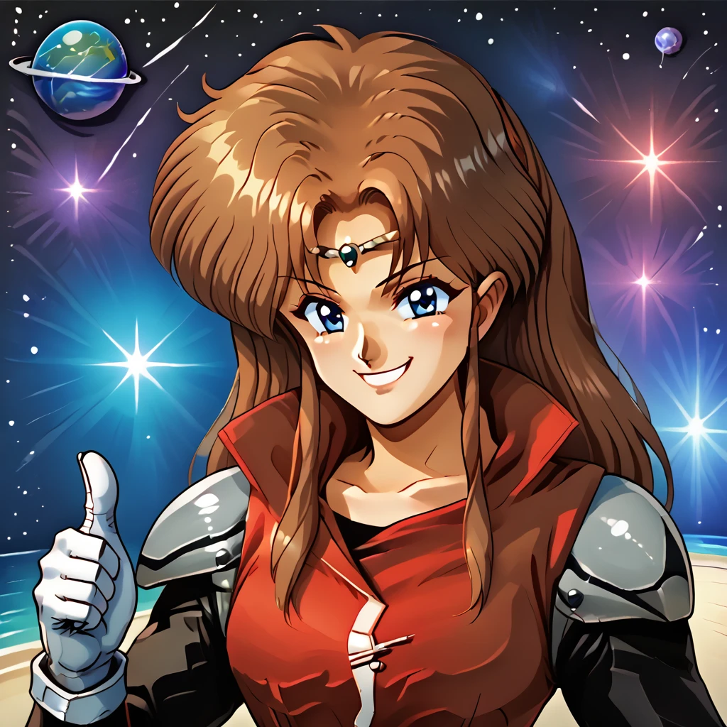 Alys Brangwin, portrait, circlet, space, thumbs up,  solo, 1girl, retro artstyle, smile, red sleeveless coat, white gloves, <lora:Alys_Brangwin_Phantasy_Star_4:1>