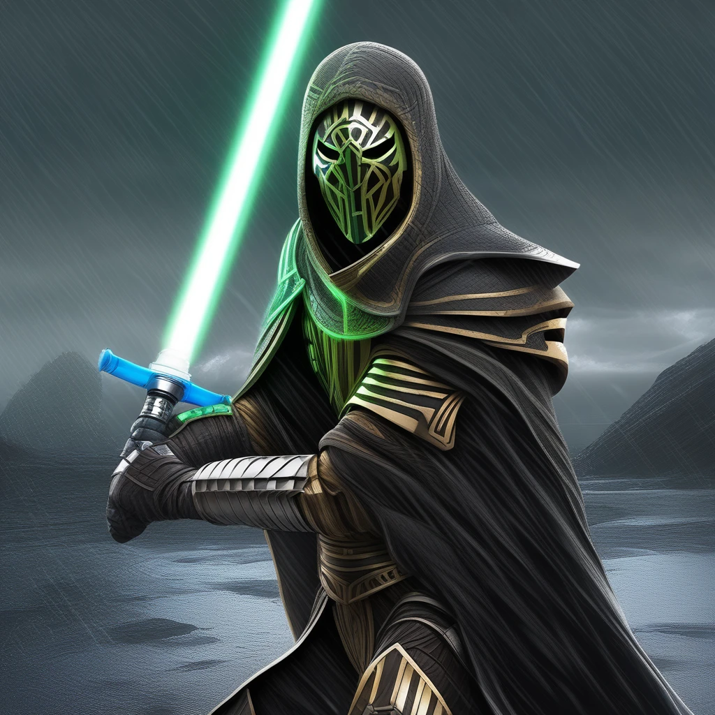 Onderon Guardian Armor, solo, 1boy, holding, male focus, weapon, sky, cloud, hood, sword, armor, glowing, glowing eyes, rain, energy sword, lightsaber, sensitive