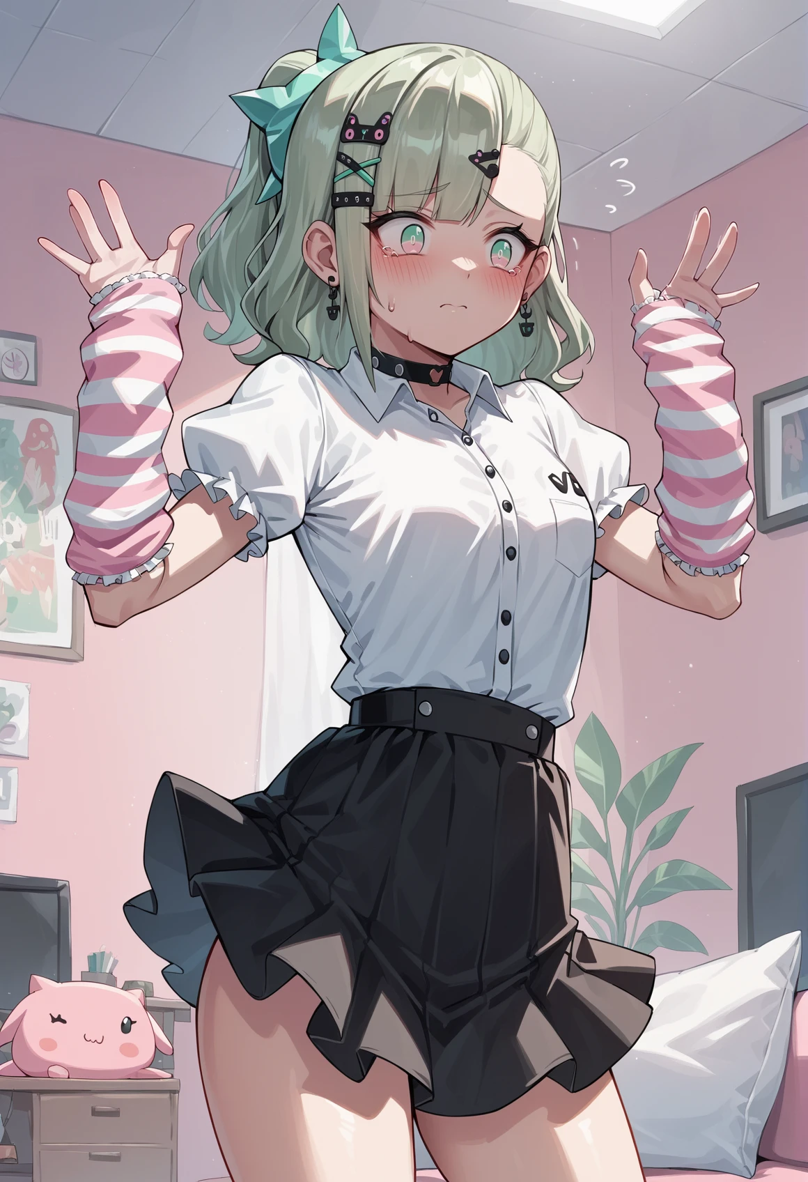 1girl, green hair, medium hair, gradient eyes, green eyes, pink eyes, single sidelock, x hair ornament, side ponytail, ribbon, choker,  white shirt, black skirt, short sleeves, puffy sleeves, arm warmers, skirt, fur trim, arms up, hands up, waving, looking to the side, nervous, blush, indoors, living room,  <lora:chinatsu_remiel_zzz:1>, score_9, score_8_up, score_7_up, score_6_up, score_5_up, score_4_up, BREAK source_anime, masterpiece