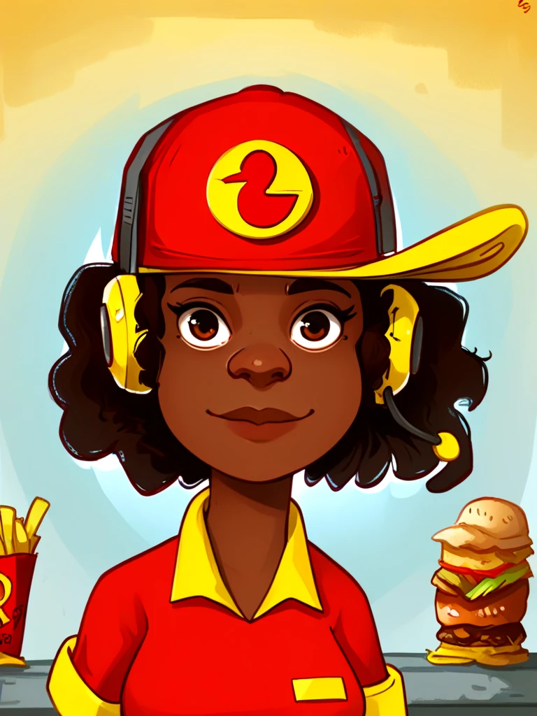 <lora:Rough_Riders_Chicken_Lady_-_Clarence:0.7> 1girl, adult, baseball cap, red hat with yellow brim, yellow headset, headphones with microphone, dark-skinned female, short hair, puffy hair, red shirt with yellow collar, yellow cuffs, black hair, chicken symbol on hat, yellow nametag, fast food job, looking at viewer,  portrait, close up,, source_cartoon, score_9, score_8_up, score_7_up,