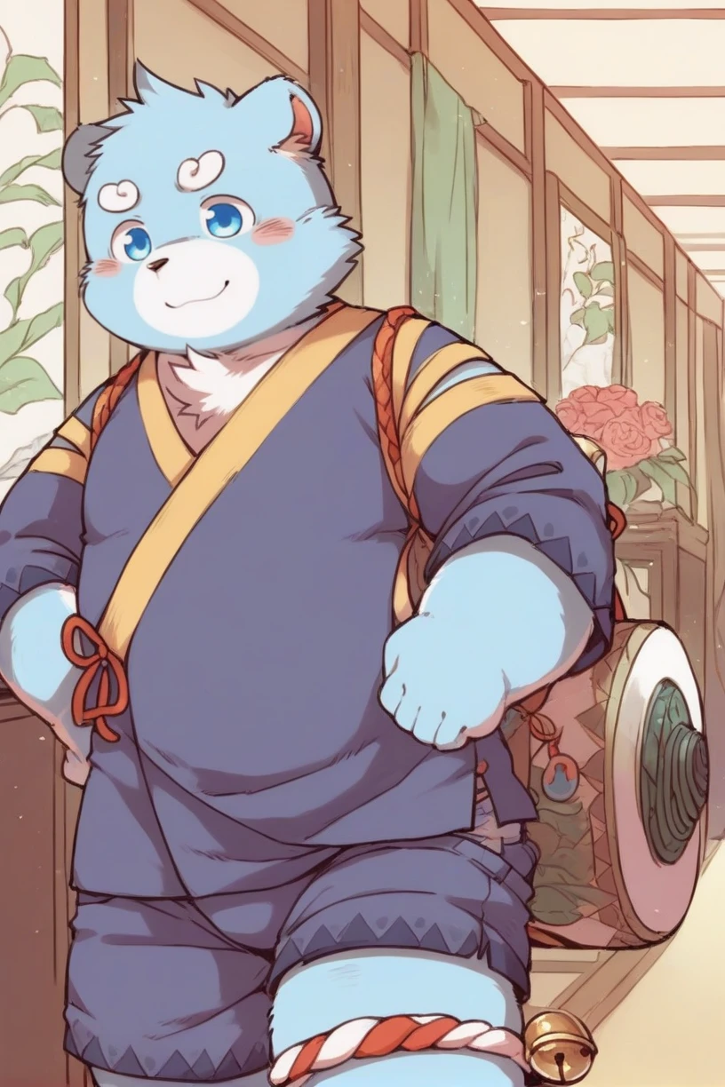 by takemoto arashi,felid,by lindong,anthro,(detailed background:1.2),hdr BREAK zPDXL,kemono,plush fur,anime artwork,vibrant,anime style,studio anime,highly detailed,furry,alone,shiquanhao,blue bear,blue eyes,(masterpiece),(very detailed),(best quality),alone,(detailed background:1.2),(smile:1.1),(detailed eye:1.2),corridor,japanese clothes,shorts,child,(hands_on_hips:1.1),<lora:shiquanhao_sdxl:1>,