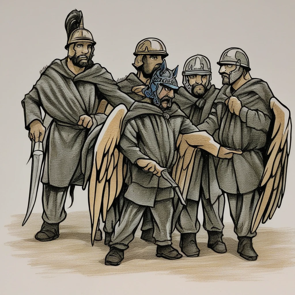 holding weapon, standing, parody, winged helmet, horse, 6+boys, traditional media, 2boys, facial hair, beard