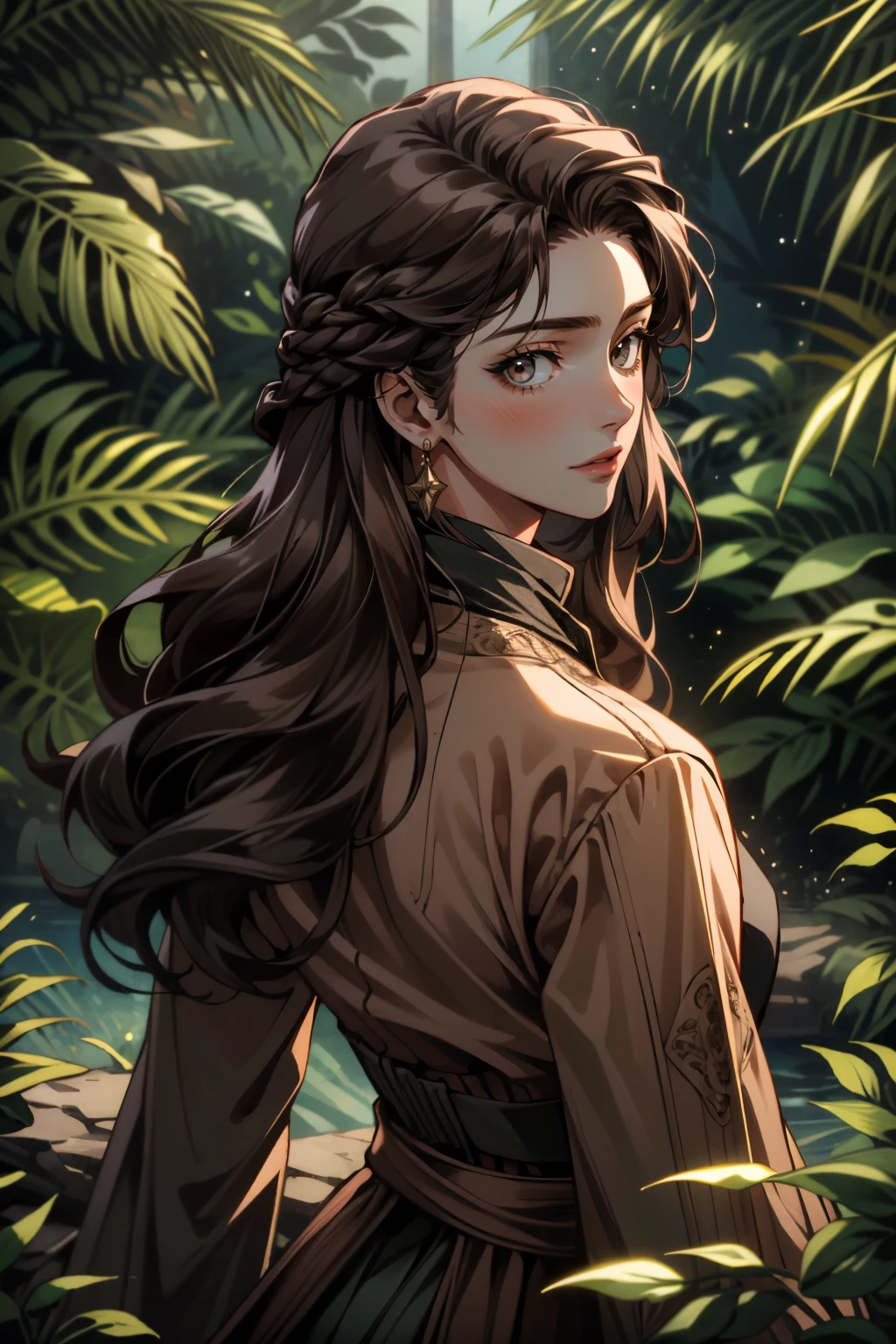 ((ultra detailed, masterpiece, absurdres))
<lora:GOTElaena:0.7>
GOTElaena, 1girl, brown hair, long hair, looking at viewer, in a lush jungle with vibrant flowers, from behind, looking back