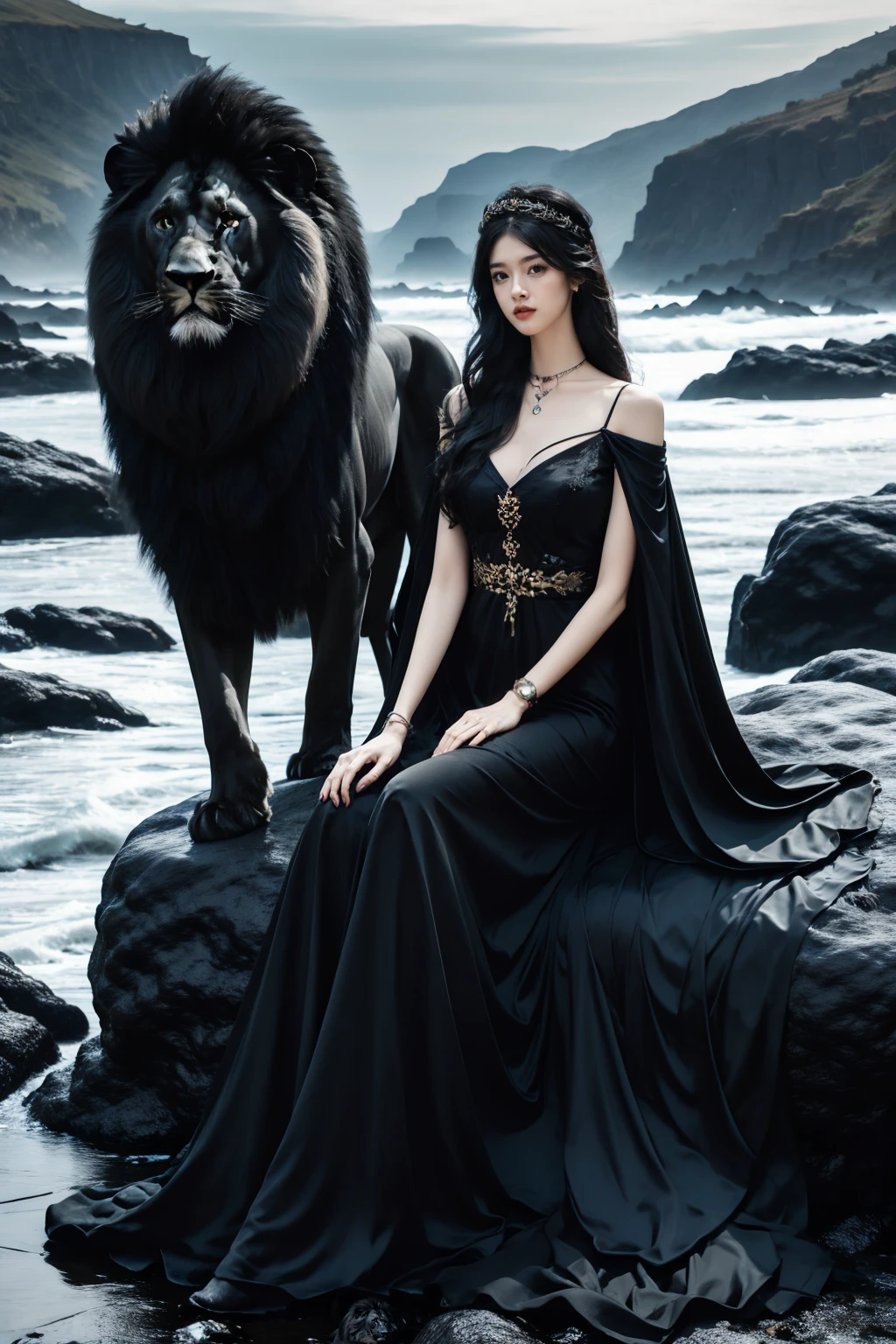 1girl, sitting, ((big black lion)),black lion queen,  <lora:JAY -  BLACK LION QUEEN:0.8>