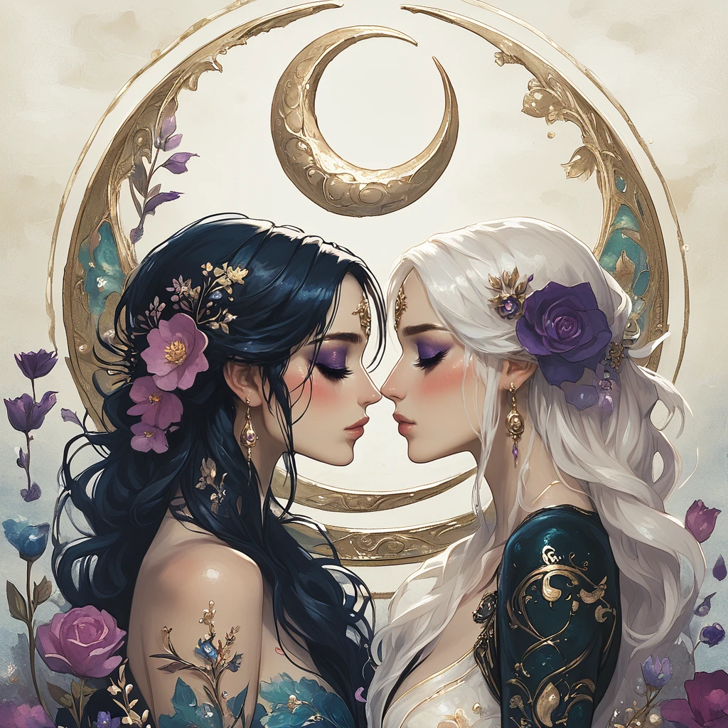 ArsMJStyle, Gemini, The image shows two women with long hair and flowers in their hair standing in front of a crescent moon. The painting is an illustration of a woman and a girl with the woman's face illuminated by the moonlight., multiple girls, 2girls, flower, hair ornament, hair flower, long hair, closed eyes, moon, crescent moon, white hair, makeup, black hair, jewelry, crescent, eyeshadow, profile, yuri, blush, imminent kiss, earrings core_9, score_8_up, score_7_up, score_6_up,    <lora:ArsMJStylePony:1>