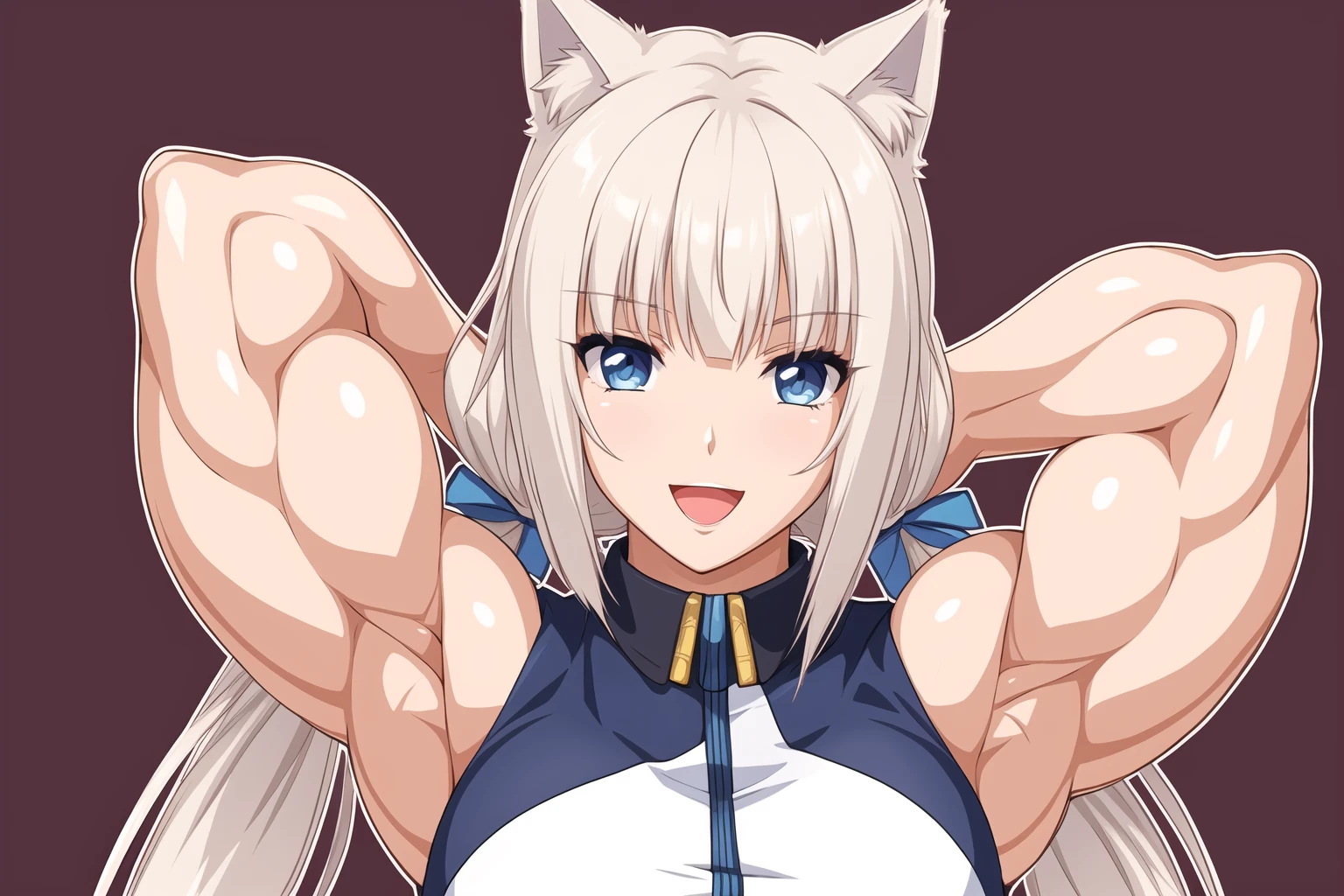 ((arms behind head1.3))(toned body) (muscular:1.5)abs   <lora:Rentb:0.45>
<lora:é¦è:0.8>
open mouth, light smile, cat ears,
white hair, blue eyes, slit pupils, very long hair, twintails,
from above,photo of a 18 year old girl, Flexing muscles with a determined look, ready to showcase incredible strength, arm stretching,