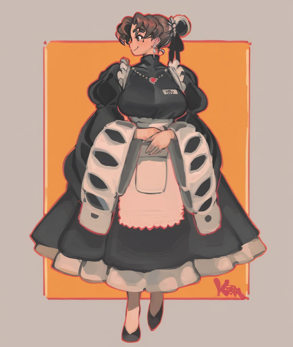 score_9, score_8_up. score_7_up, <lora:keziedra:1>, keziedra, score_9, keziedra, 1girl, brown hair, white apron, jewelry, hair bun, black dress, bun cover, earrings, smile, large breasts, full body, maid apron, necklace, orange background, puffy sleeves, long sleeves, simple background, brown eyes, black footwear, juliet sleeves