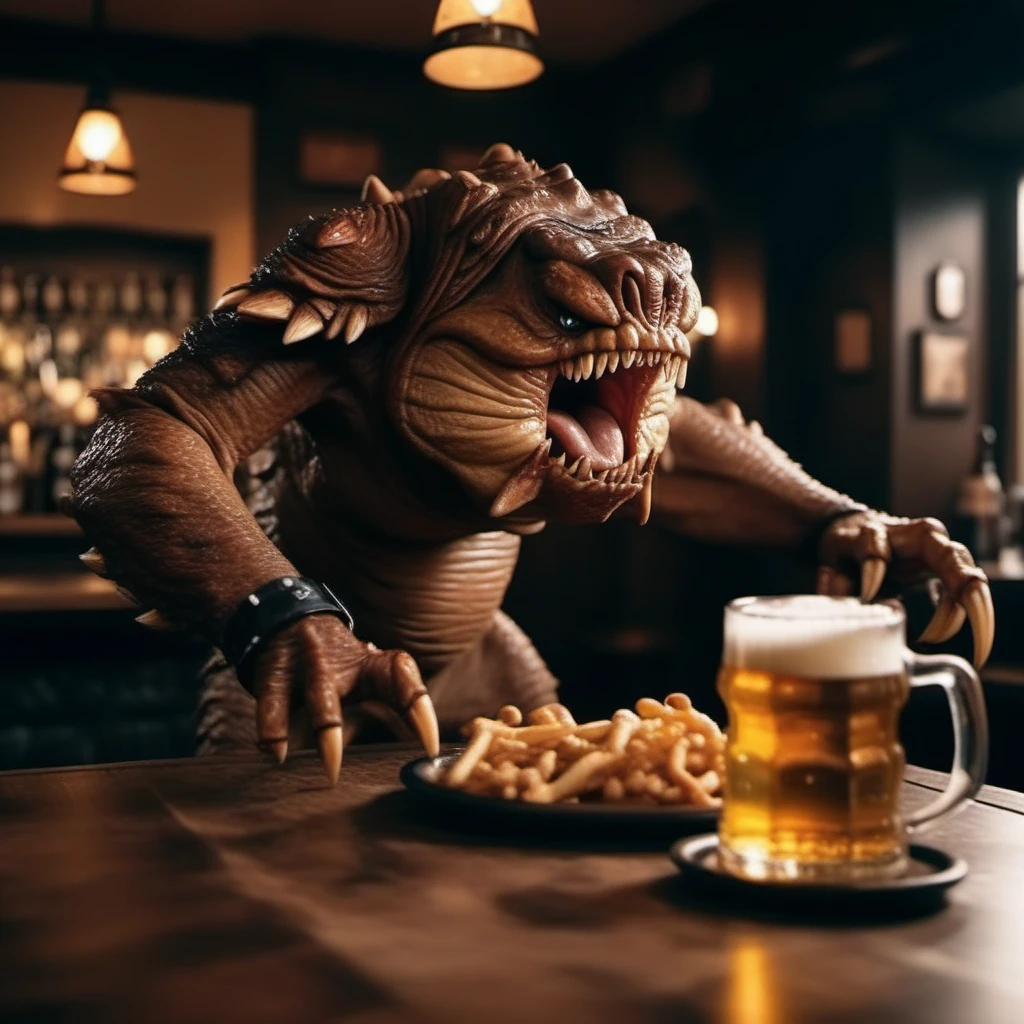 cinematic photo monster, claws, sharp teeth, having a beer in a pub  <lora:Rancor1024:0.8> . 35mm photograph, film, bokeh, professional, 4k, highly detailed