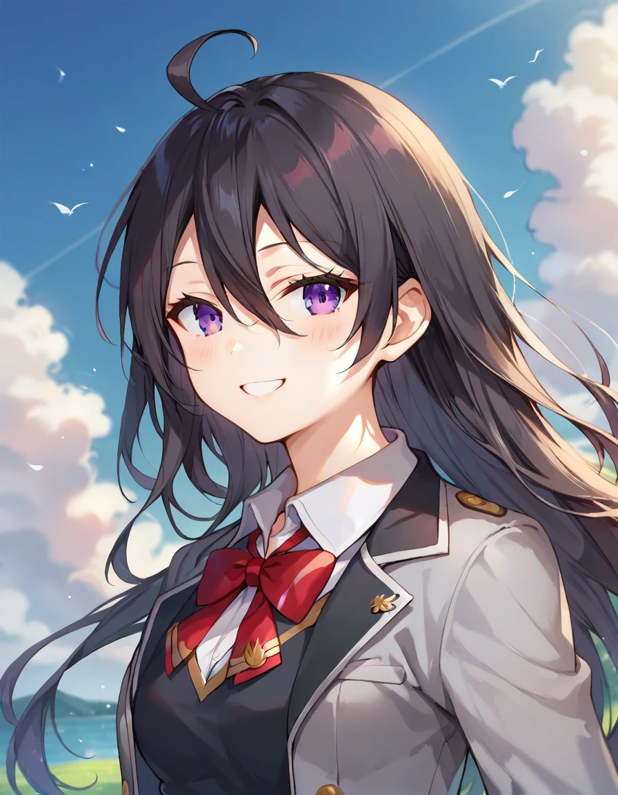 score_9,score_8_up,score_7_up,score_6_up BREAK official art,solo,outdoors,upper body,(portrait:1.5),looking at viewer,facing viewer,smile,Kimishima Ayano,ahoge,long hair,black hair,floating hair,sidelocks,hair between eyes,parted bangs,purple eyes,school uniform,grey jacket,cropped jacket,open clothes,open jacket,wing collar,red bowtie,black dress,pleated dress,double-breasted,collared shirt,white shirt,medium breasts,skindentation,long sleeves,black socks,loafers,brown footwear,<lora:Kimishima Ayano(tsrdta)-Pony>,<lora:Smooth Anime Style LoRA XL:0.8>,