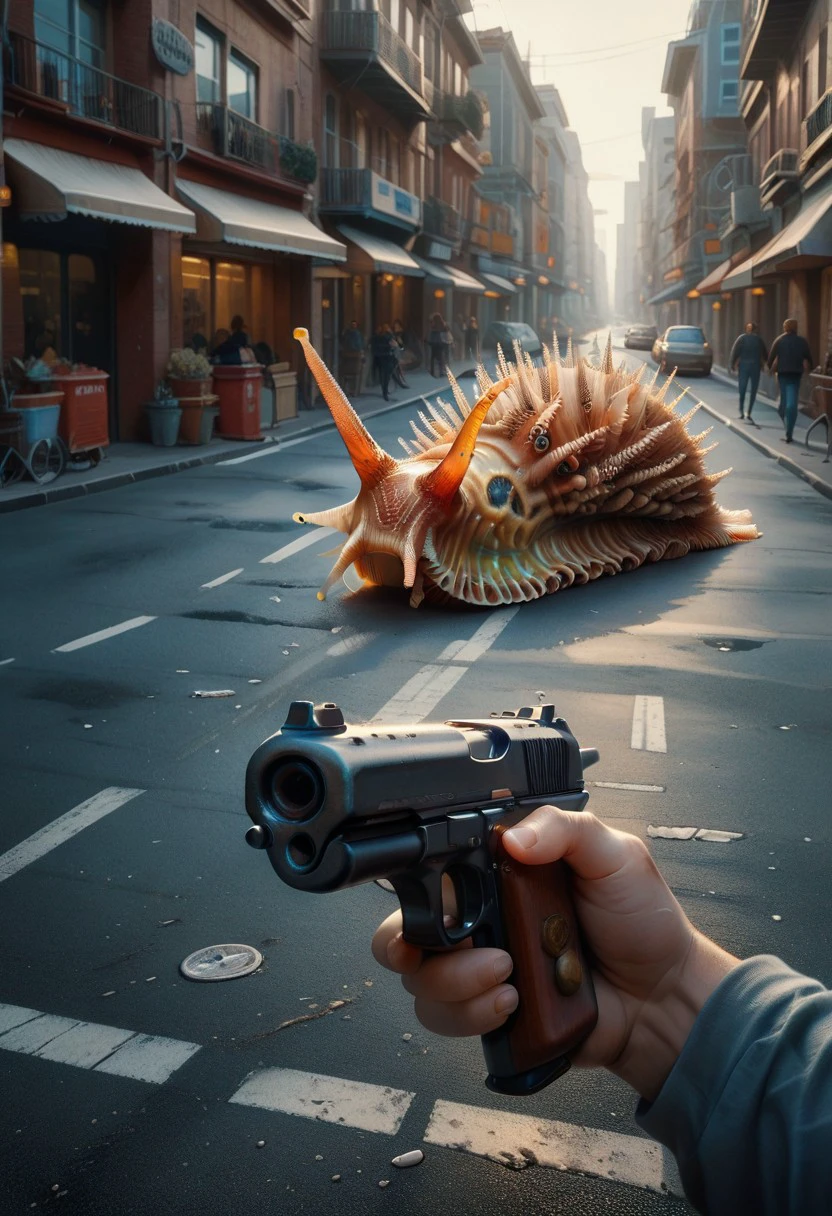 score_9, score_8_up, score_7_up, score_6_up, s34slug, sea creature, street, holding gun, aiming at viewer