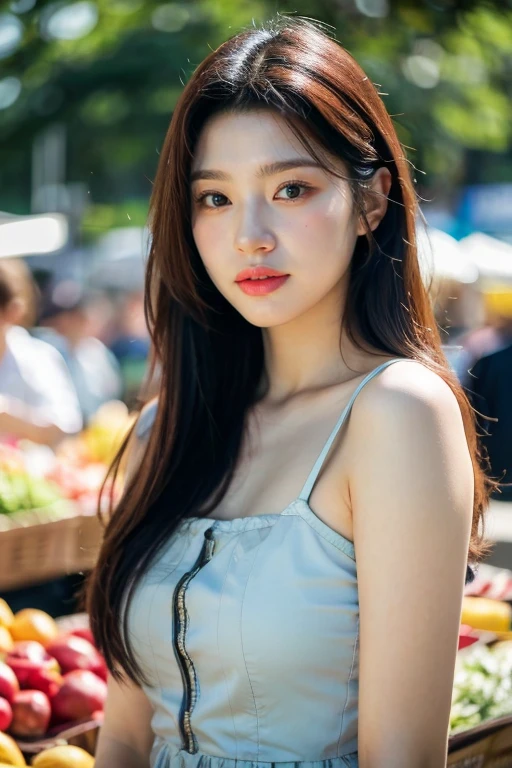 masterpiece, best quality, ultra-detailed, ultra high res, (photorealistic:1.4), raw photo, (realistic:0.2), 8k HDR, realistic cool temperature lighting, 1girl, solo, asymmetrical hair, outdoor, (traditional market:1.2), bokeh, (detailed lips), (detailed pores), (detailed skin textures), (detailed face:1.2), (body:1.2), a woman in a sundress, promotional image, a character portrait,