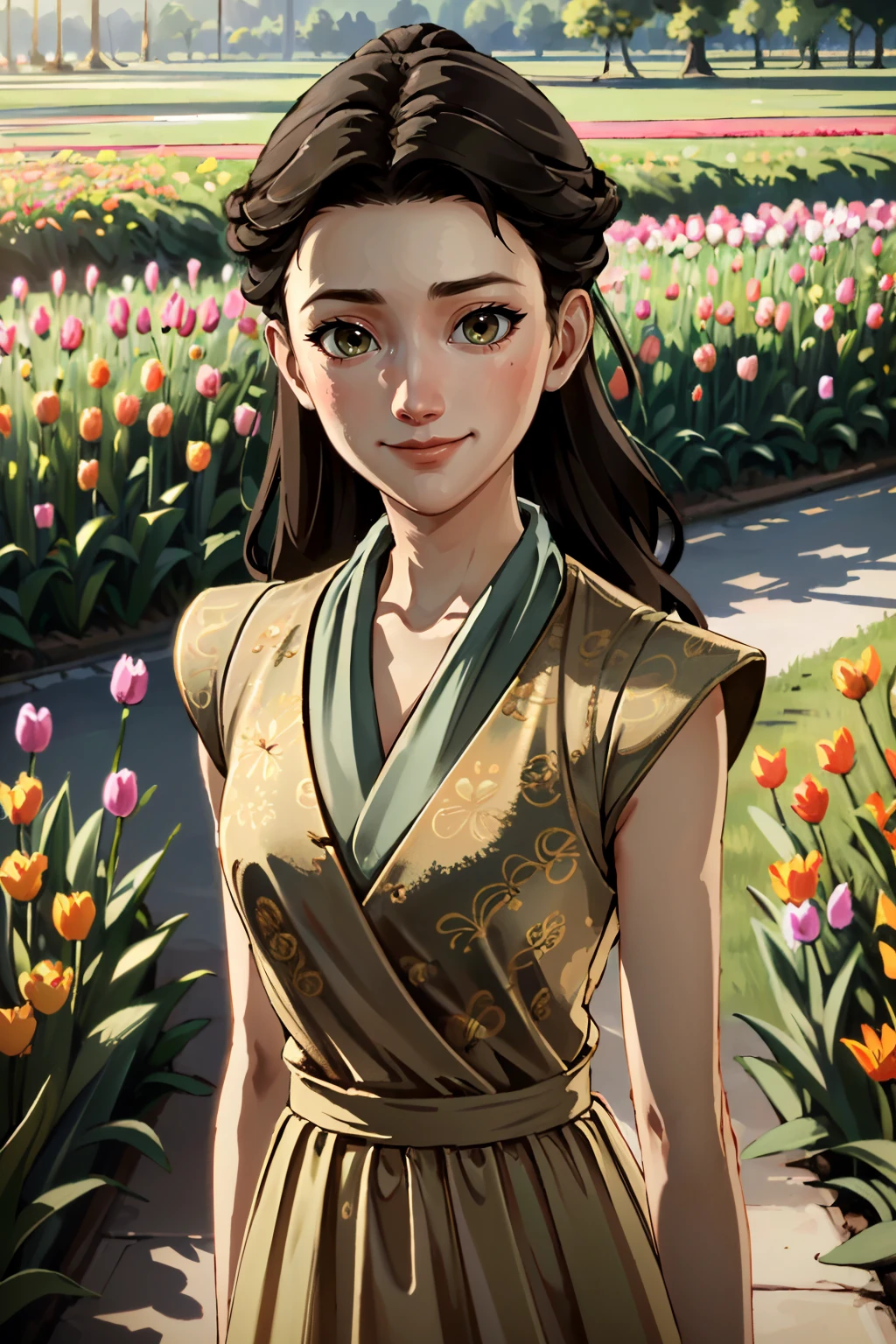 ((ultra detailed, masterpiece, absurdres))
<lora:GOTMira:0.8>
GOTMira, 1girl, brown hair, long hair, looking at viewer, in a field of tulips, golden hour, elegant dress, smiling