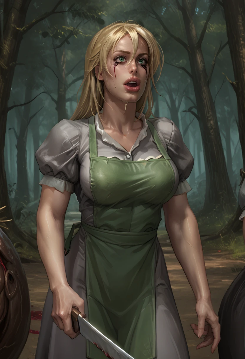 score_9, score_8_up, score_7_up, score_6_up, source_cartoon, raw, realistic, solo shot, view from front, 1girl, cq_cla1redr3ss, (green eyes:.7), blonde hair, short apron, short sleeve dress, grey dress, green apron, puffy sleeves, hair between eyes, bangs, bimbo, long hair, slutty girl, gasping, mouth open wide, lips, extreme close up face, runny makeup, tears in eyes, after fellatio, hair grab, eye contact, after battle, forest background, despair, torn clothes, holding knife, large knife, desperate, blood splatter, blood on face, blood on clothes, arm bent, wide eyes, <lora:CQ_ClairedressPony-10:.75> <lora:thepit_ponyxl:.5> <lora:iranon_ponyxl:.4> <lora:sinfully_stylish_PONY_0.2:.5> <lora:temogam_ponyxl:.25> <lora:HerrscherAGGA2024_TF_Style_V1:.6>