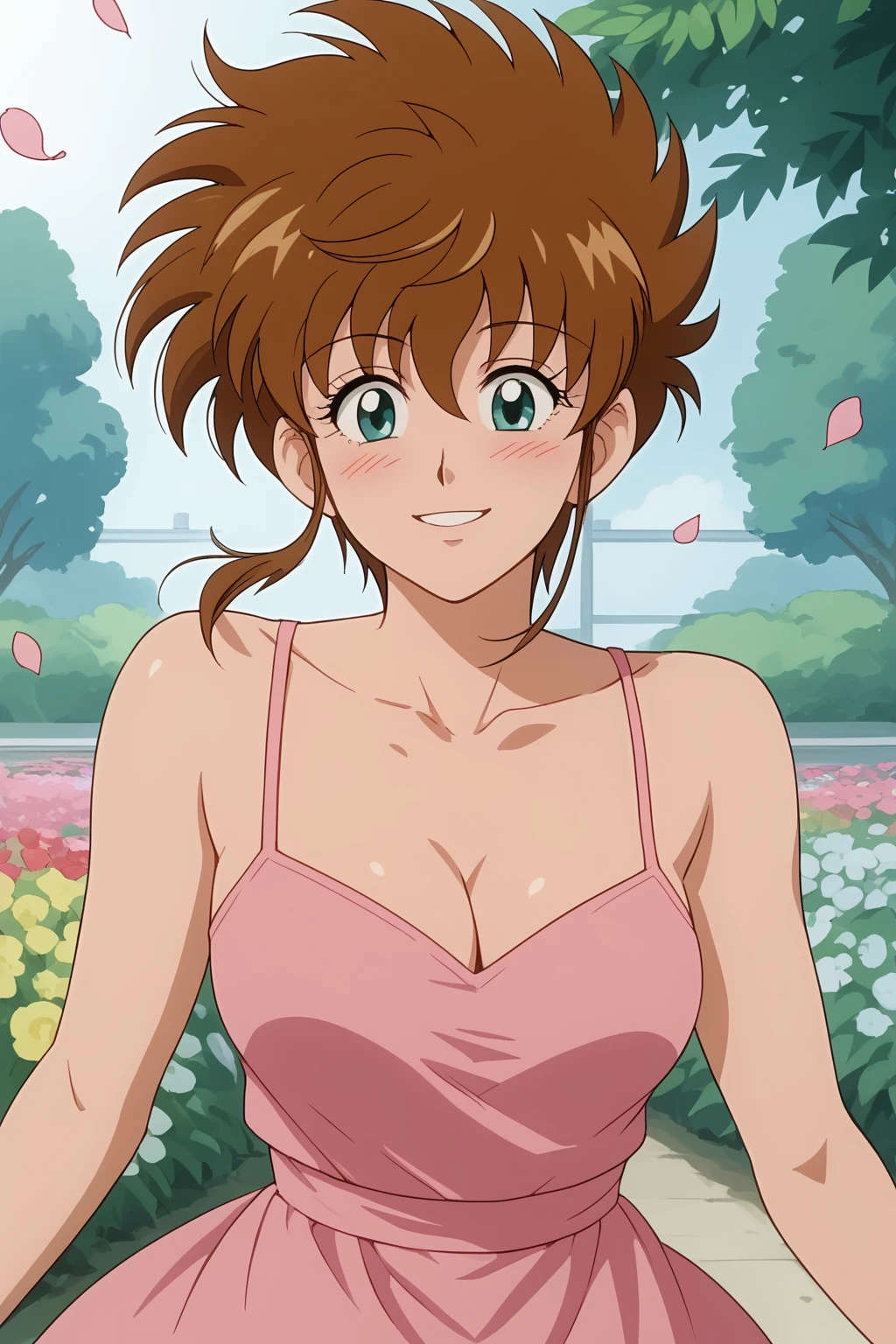 Haruka, brown hair, short hair, aqua eyes, pink summer dress, cleavage,
(nsfw), (uncensored), (score_9), score_8_up, score_7_up, source_anime, cowboy shot, dynamic pose, 1 Female, solo, Happy, Smile, Parted Lips, blush, ashamed, shy, sexy, charming, alluring, seductive, enchanting, erotic,
((outdoors)), ((flower garden)), ((flowers)), ((many flowers)), spring petals, petals of flowers, spring, falling petals, flying butterflies<lora:EMS-439302-EMS:1.000000>