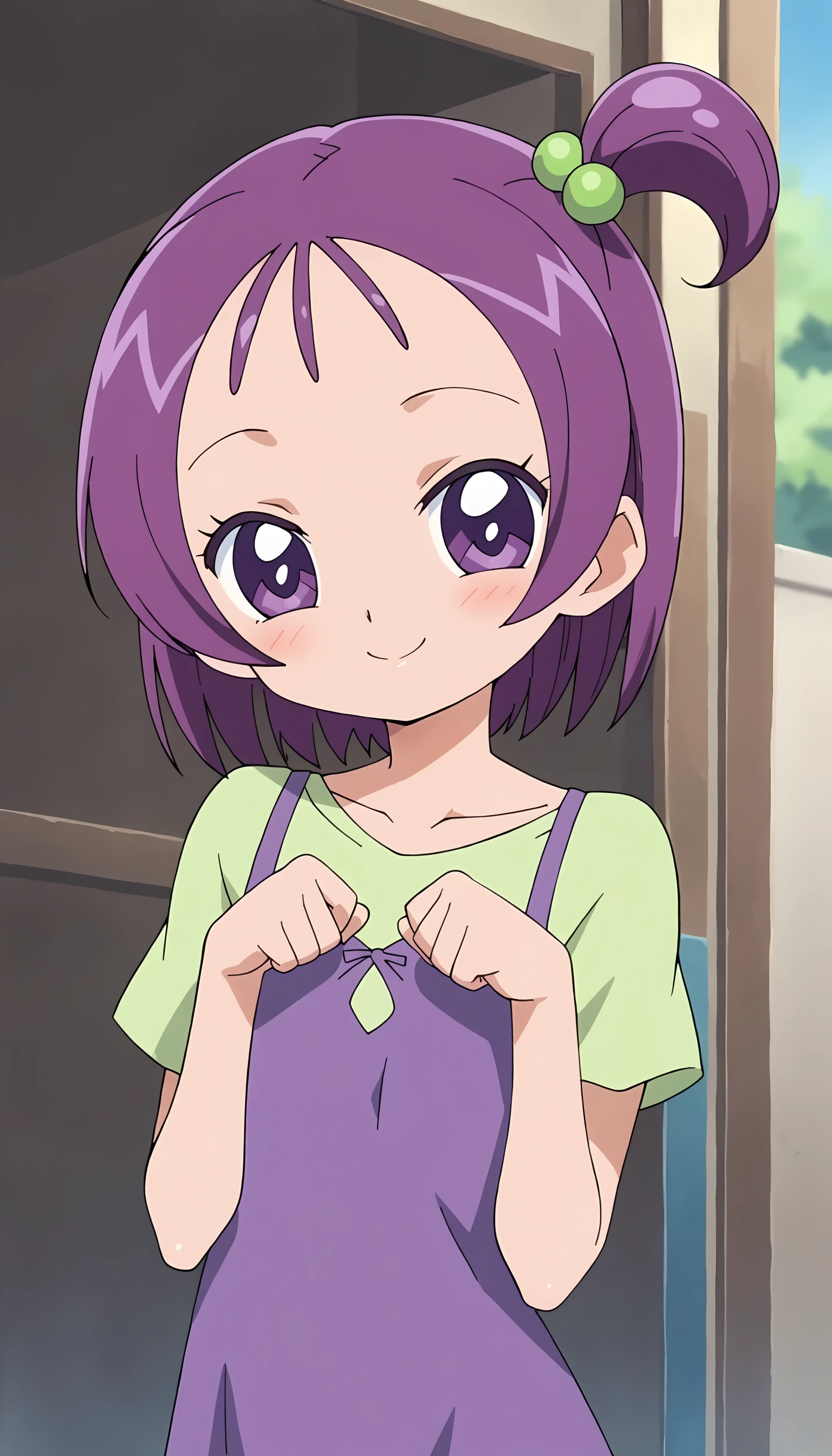 anime artwork of score 9,score_8_up,score_7_up,source_anime,masterpiece,best quality,(parody:1),(anime screencap:1.2),
BREAK
(segawa onpu:1.5),1girl,female child,solo,purple hair,purple eyes,hair ornament,hair bobbles,one side up,bob cut,
BREAK
(onpucos01:1.5),shoes,shirt,(purple one-piece dress:1.5),(green shirt:1.2),
BREAK
smile,cute pose,(upper body:1.5),
<lora:onpu_segawa_xl_for_pony_xl_v01:0.6>,