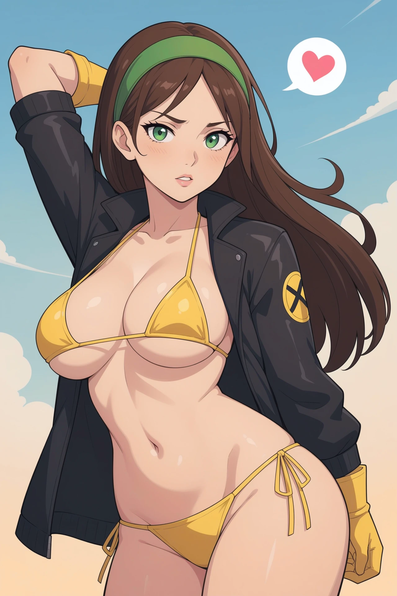 score_9, score_8_up, score_7_up,score_6_up, score_5_up, score_4_up,
,yellow bikini,navel,arm behind head,brown hair,side-tie bikini bottom,looking at viewer,arm up,green headband,gloves,green eyes,leather,spoken heart,large breasts,yellow gloves,breasts,cowboy shot,long hair,x-men,jacket,marvel,heart,swimsuit