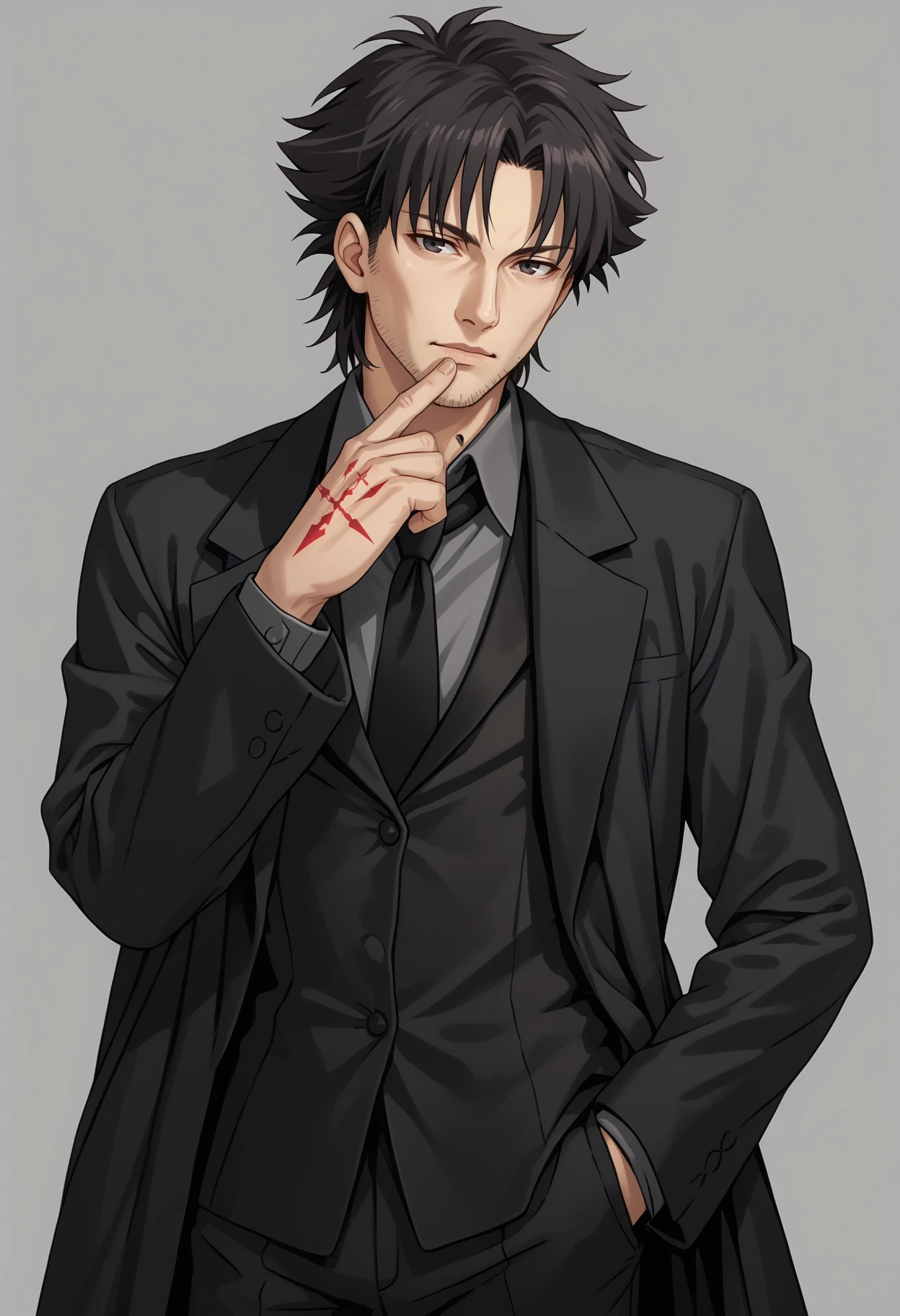 score_9,  score_7_up, BREAK, <lora:emiyakiritsuguv1:1>, standing, emiya kiritsugu, black hair, short hair, facial hair, stubble, long coat, black coat, grey shirt, collared shirt, waistcoat, black necktie, black eyes, command spell, hand tattoo, hand up,