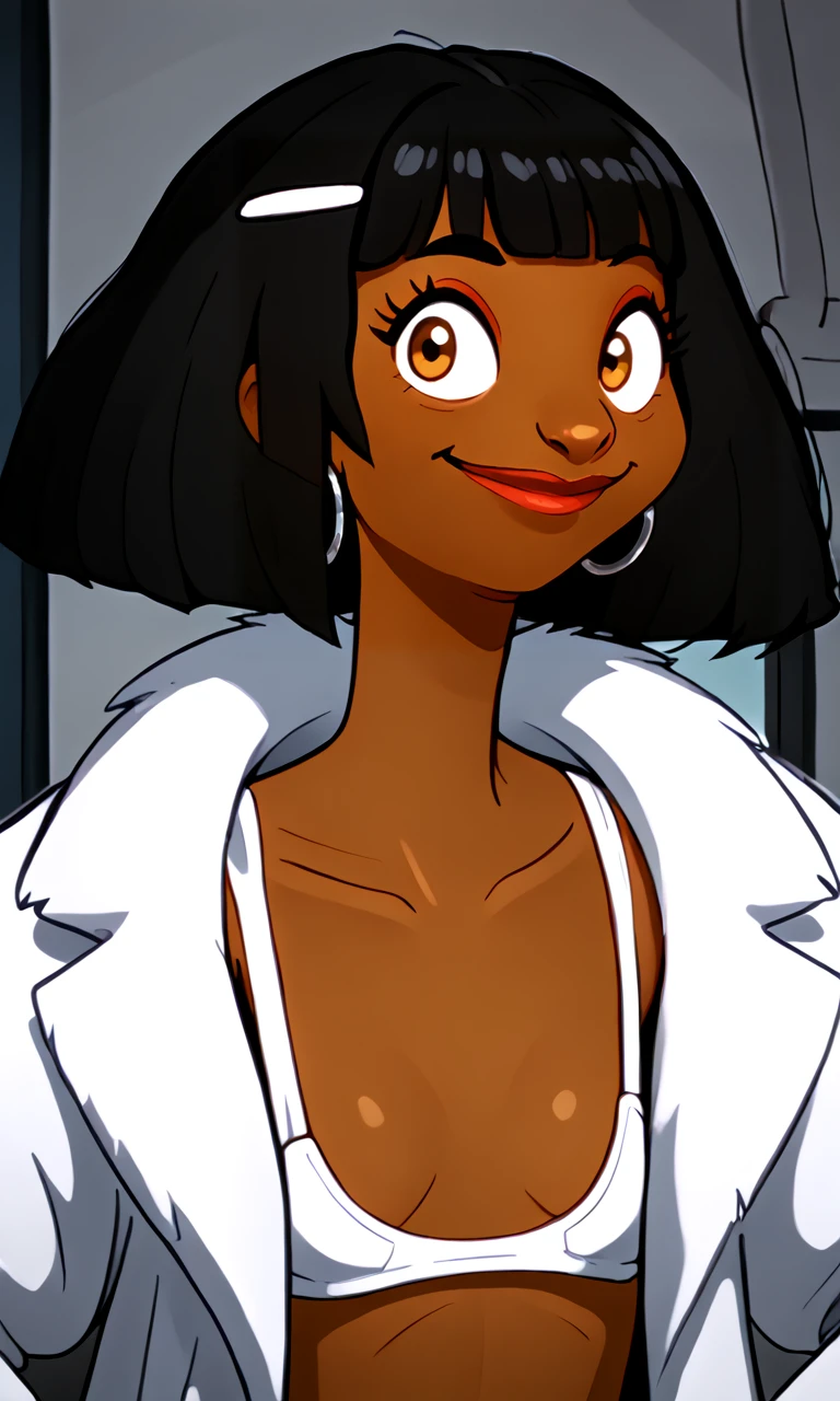 <lora:Marshmallow_-_Bobs_Burgers:0.85> 1girl, transgender, dark-skinned female, black hair, short hair, puffy hair, hair clip, makeup, hoop earrings, jewelry, white monokini, revealing clothes, smile, white fur coat, fur coat, looking at viewer, portrait, close up, face focus, roster photo, source_cartoon, score_9, score_8_up, score_7_up,