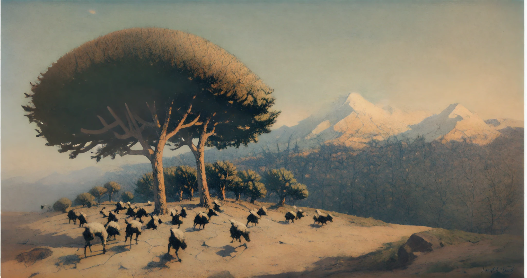 <lora:nathaniel-hone-the-younger_pony_v1:1> 'goats and pine trees, south of france' by nathaniel hone the younger in 1111,outdoors, tree, no humans, scenery, general, score_9, score_6_up, score_7_up