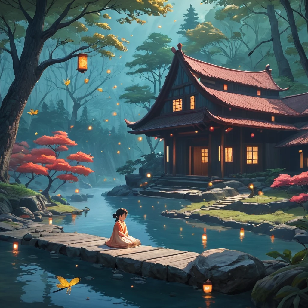 core_9, score_8_up, score_7_up, score_6_up, <lora:ArsMJStyleSDXL_-_AnimeC:1> ArsMJStyle, AnimeC, Enchanted forest bathhouse, lanterns floating on misty pond. Young blue-eyed samurai girl encountering forest spirits. Soft watercolor style, Studio Ghibli trees, detailed feudal Japanese architecture. Warm golden light, fireflies, reflection in water.