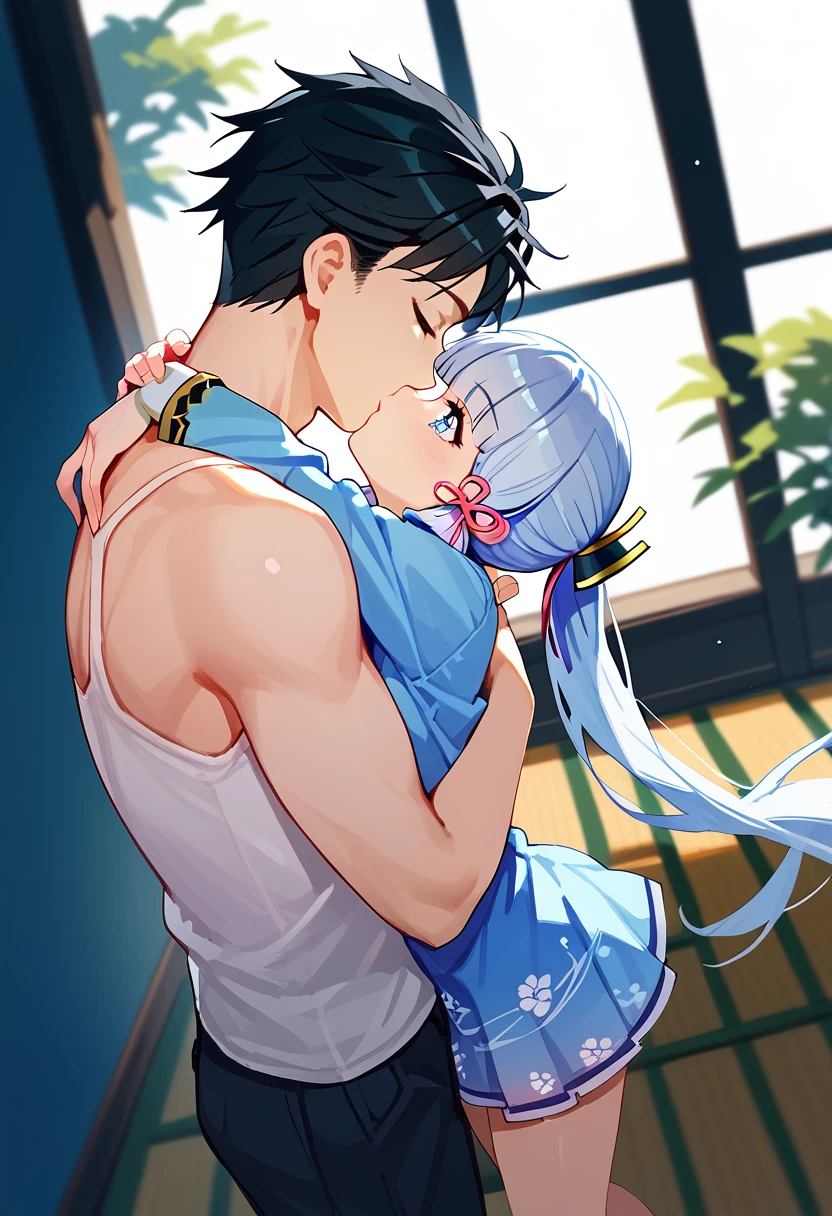 score_9, score_8_up, score_7_up, 1girl, 1boy,  deep kiss, head tilt ,kiss, hug,   <lora:deep_kiss_v2:1>, kamisato_ayaka_\(springbloom_missive\), high angle