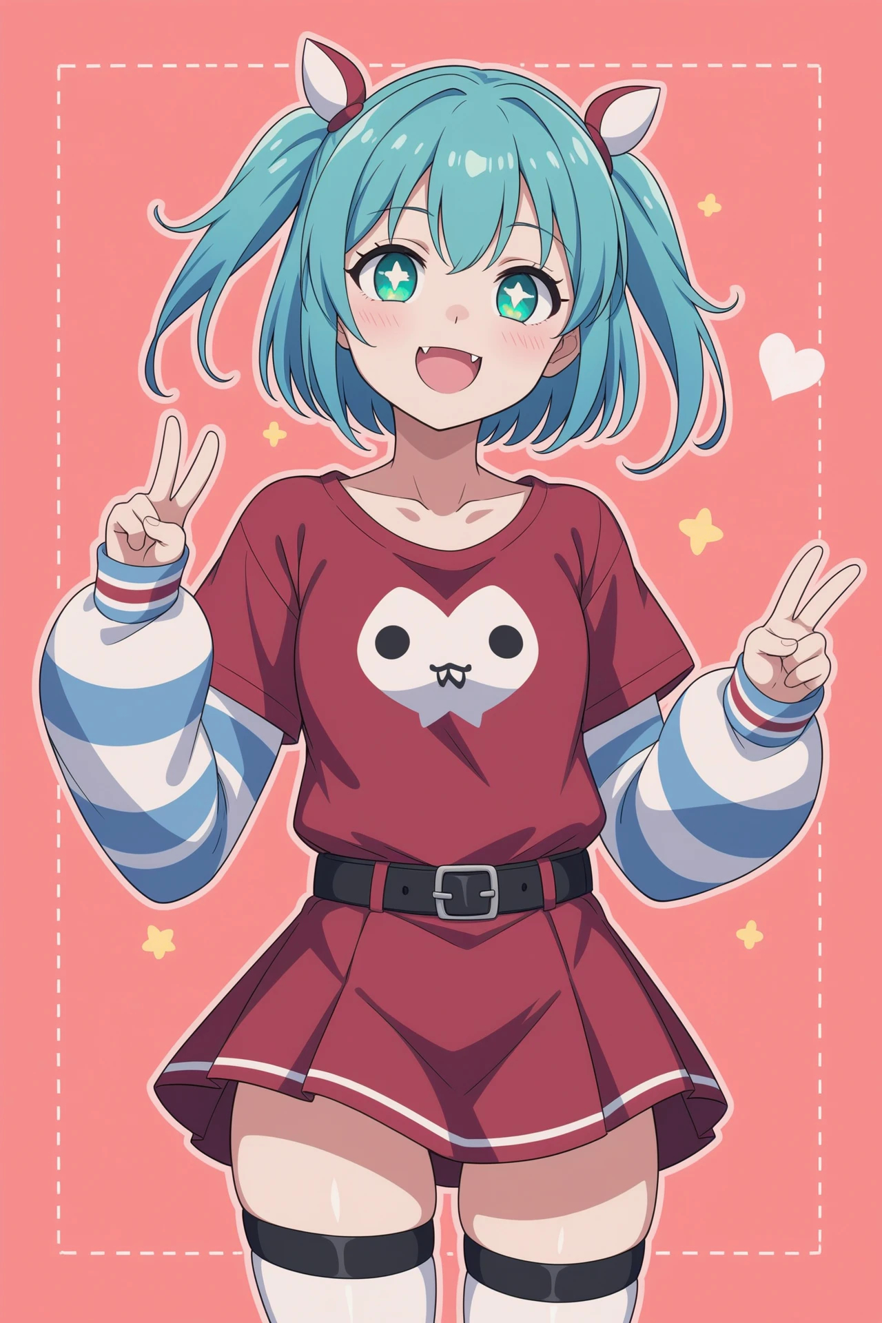 score_9, score_8_up, score_7_up,
1girl,solo,diamond_\(shape\),fang,long_sleeves,;d,outline,heart,cowboy_shot,bambi2000line,zettai_ryouiki,skirt,open_mouth,symbol-shaped_pupils,v,belt,polka_dot,orange_hair,looking_at_viewer,brown_hair,two_side_up,red_skirt,layered_sleeves,short_over_long_sleeves,highres,thigh_belt,shirt,light_blush,orange_background,short_hair,short_sleeves,star_\(symbol\),single_thighhigh,hair_intakes,miniskirt,thigh_strap,oka_asahi,>_o,colored_inner_hair,smile,multicolored_hair,striped_sleeves,diamond-shaped_pupils,white_outline,simple_background,solo,1girl,t-shirt,onii-chan_wa_oshimai!,two-tone_hair,polka_dot_background,pleated_skirt,thighhighs,one_eye_closed,green_eyes