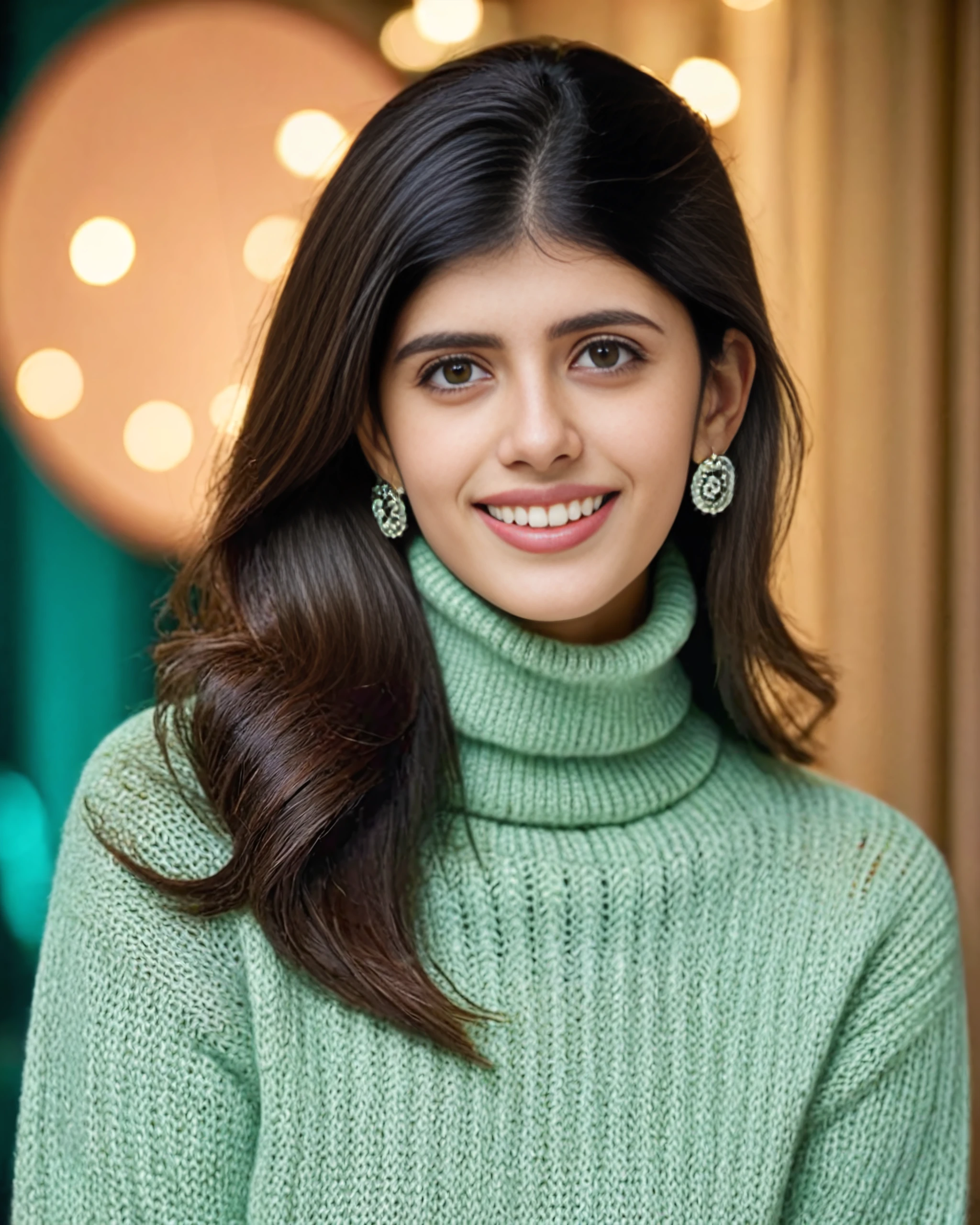 portrait photo of Sanjana Sanghi woman, solo,  hair cut, smile, looking at the camera, ethnic Mint Green turtleneck sweater, night time, contrasting background bokeh,  skindentation,    <lora:Sanjana_Sanghi_SDXL_LoRA_prodigy_local_xformers_HNE-000015:1>