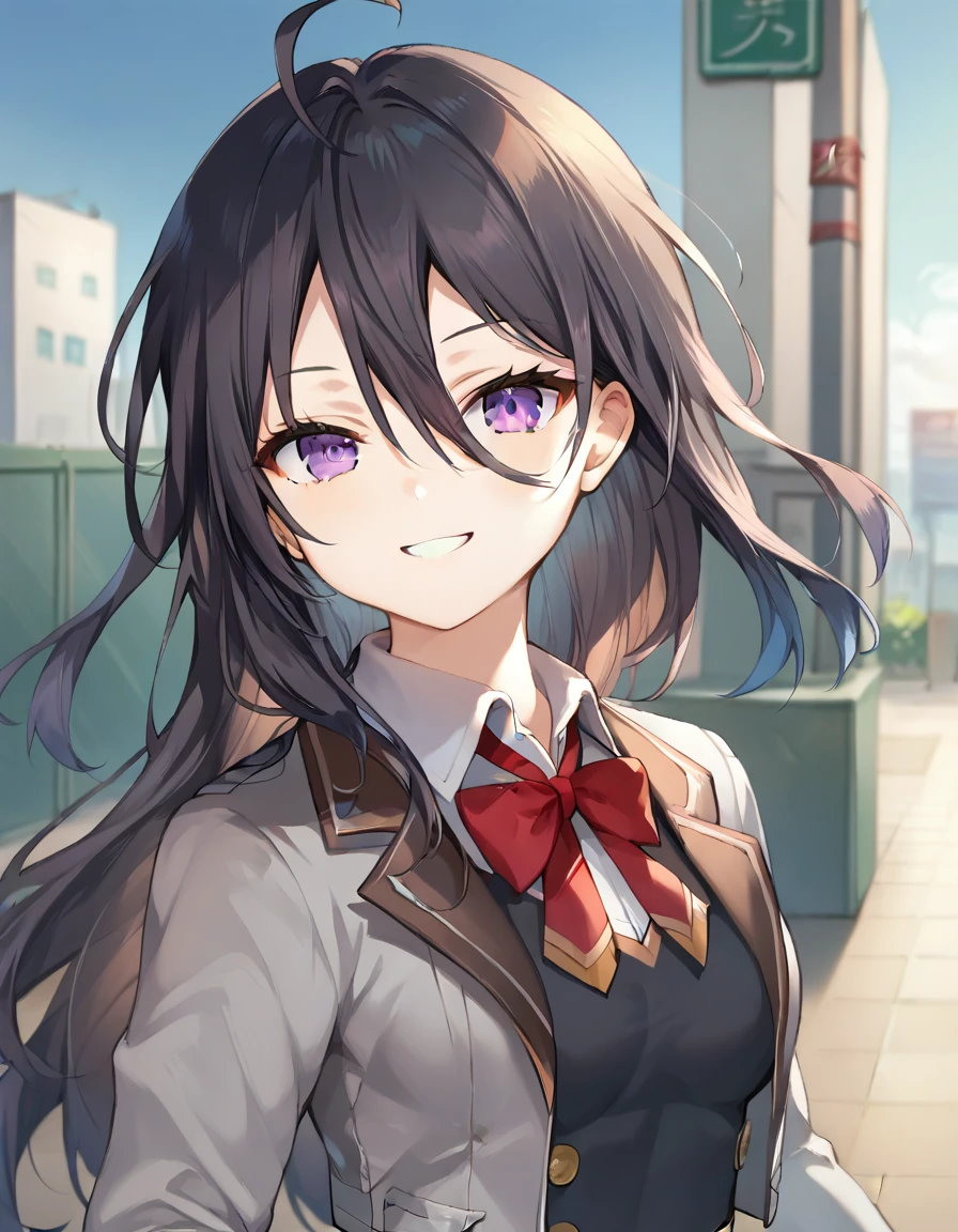 score_9,score_8_up,score_7_up,score_6_up BREAK official art,solo,outdoors,upper body,(portrait:1.5),looking at viewer,facing viewer,smile,Kimishima Ayano,ahoge,long hair,black hair,floating hair,sidelocks,hair between eyes,parted bangs,purple eyes,school uniform,grey jacket,cropped jacket,open clothes,open jacket,wing collar,red bowtie,black dress,pleated dress,double-breasted,collared shirt,white shirt,medium breasts,skindentation,long sleeves,black socks,loafers,brown footwear,<lora:Kimishima Ayano(tsrdta)-Pony:1.3>,<lora:Smooth Anime Style LoRA XL:0.8>,