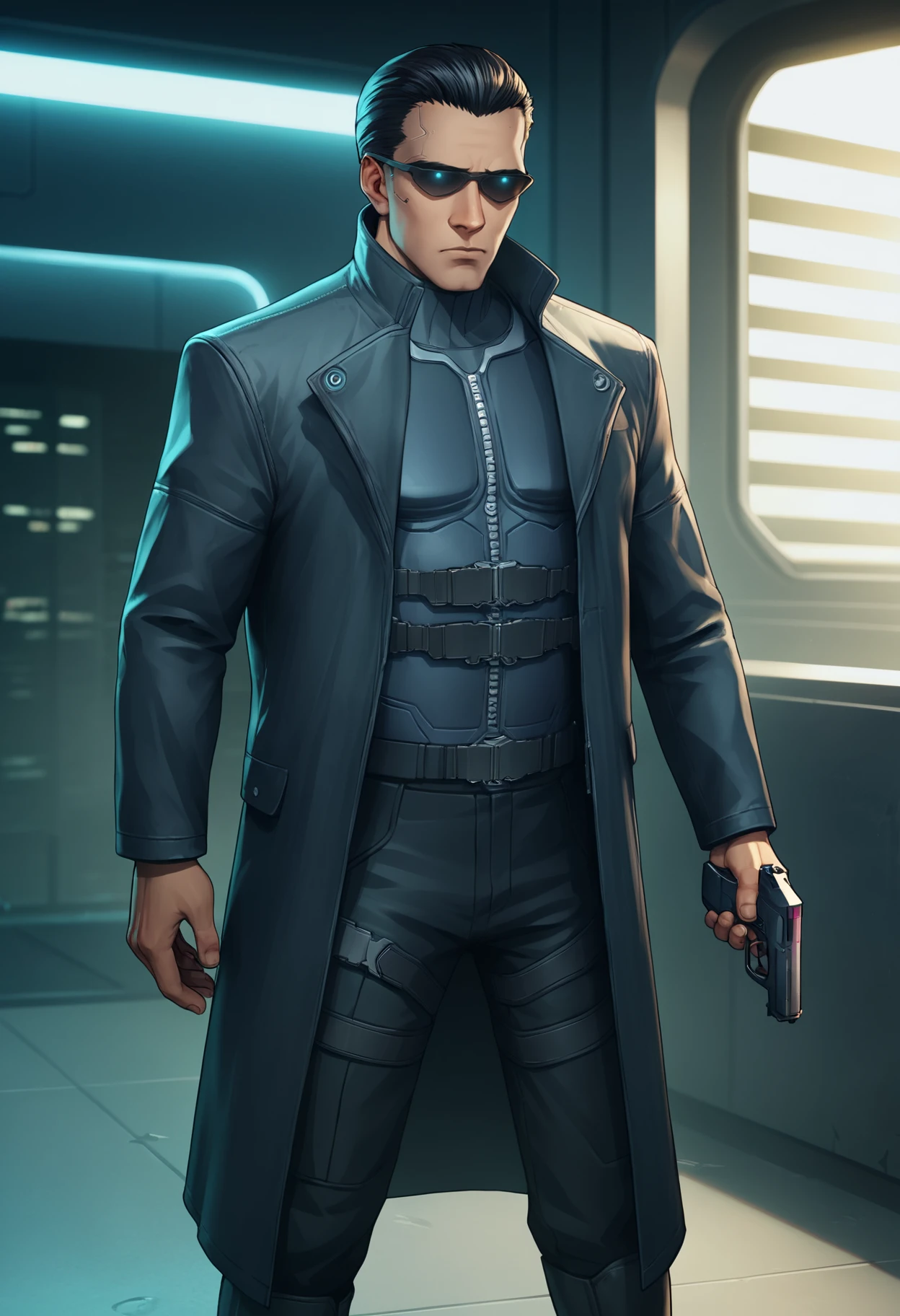 score_9, score_8_up, score_7_up, source_anime BREAK <lora:jcdenton-deusex-richy-v1_pdxl:1> 1boy, solo, male focus, standing, jde, sunglasses, black hair, short hair, black coat, trench coat, black boots, black pants, standing, indoors, cyberpunk, science fiction, handgun, holding gun