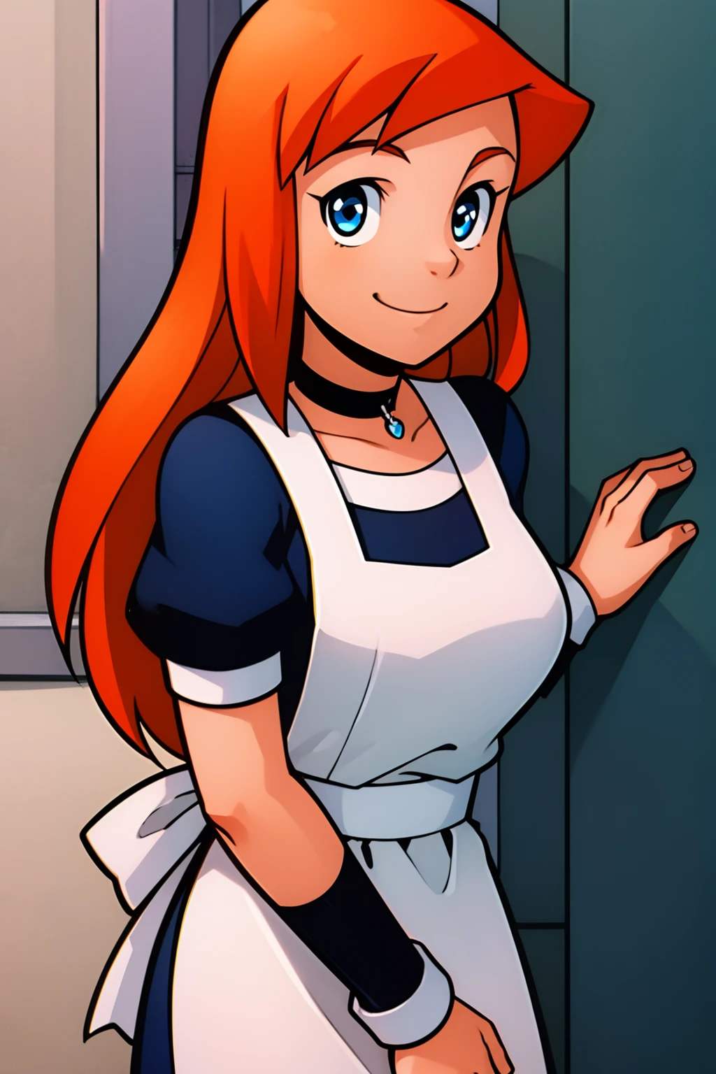 julie,1girl,solo,orange hair,long hair,blue eyes,1girl,solo,choker,smile,looking at viewer,maid outfit,masterpiece,best quality