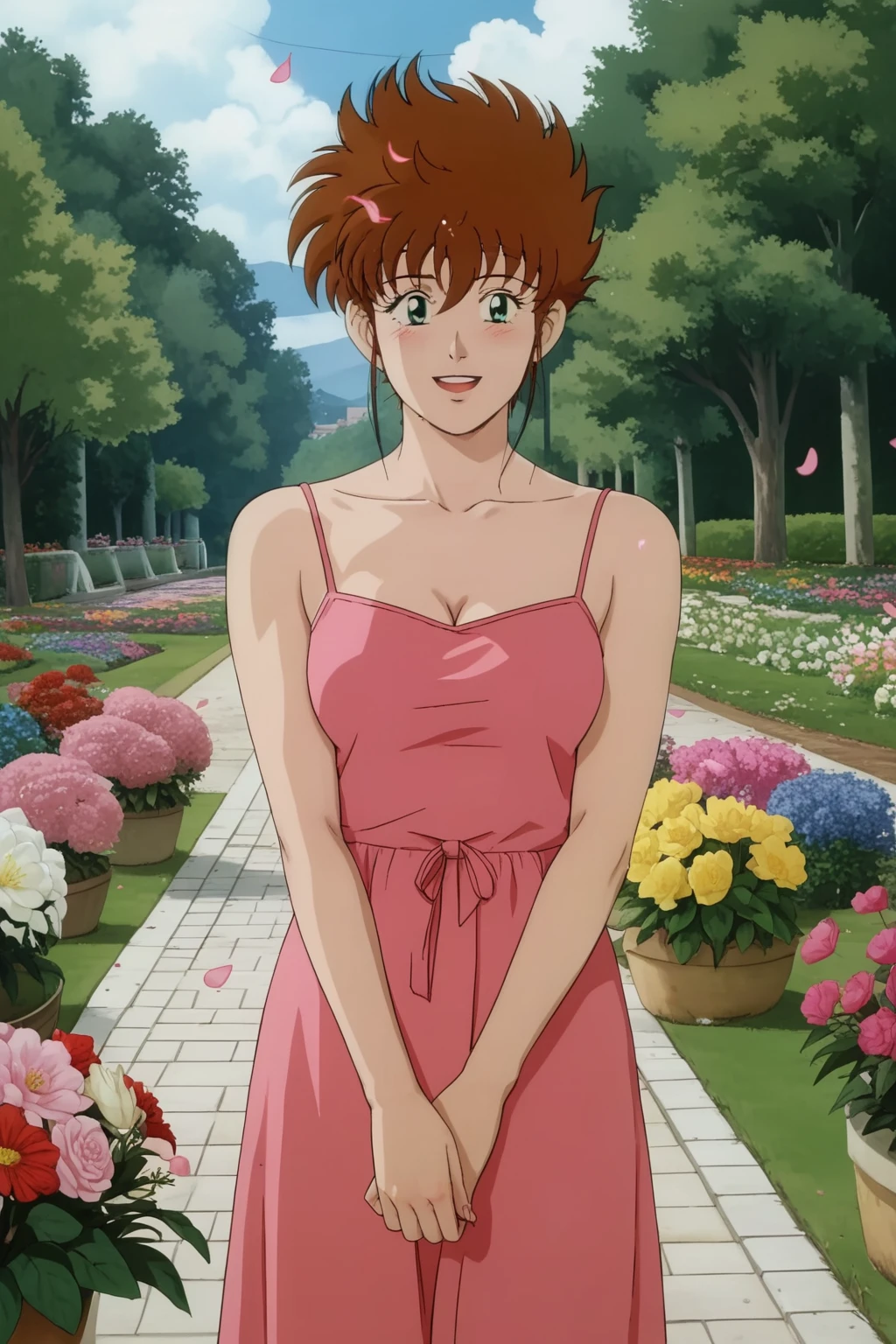 Haruka, brown hair, short hair, aqua eyes, pink summer dress, cleavage,
(nsfw), (uncensored), (score_9), score_8_up, score_7_up, source_anime, cowboy shot, dynamic pose, 1 Female, solo, Happy, Smile, Parted Lips, blush, ashamed, shy, sexy, charming, alluring, seductive, enchanting, erotic,
((outdoors)), ((flower garden)), ((flowers)), ((many flowers)), spring petals, petals of flowers, spring, falling petals, flying butterflies<lora:EMS-439302-EMS:1.000000>