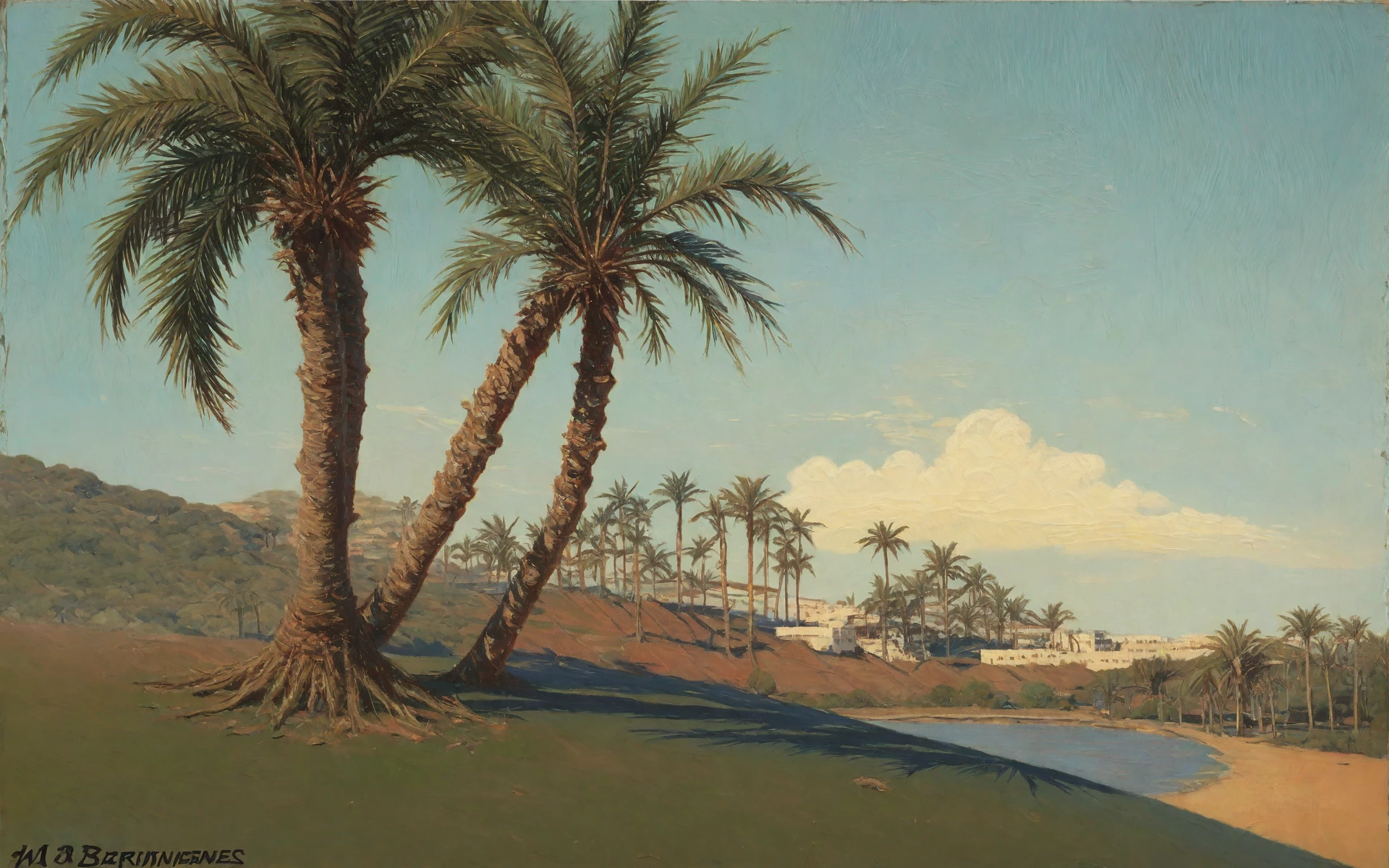 'palm trees' by brendekilde hans andersen in 1888 in 1890,  landscape \(genre\), impressionism, orientalism \(style\), outdoors, tree, no humans, general <lora:hans-andersen-brendekilde_pony_v1:1>, score_9, score_6_up, score_7_up