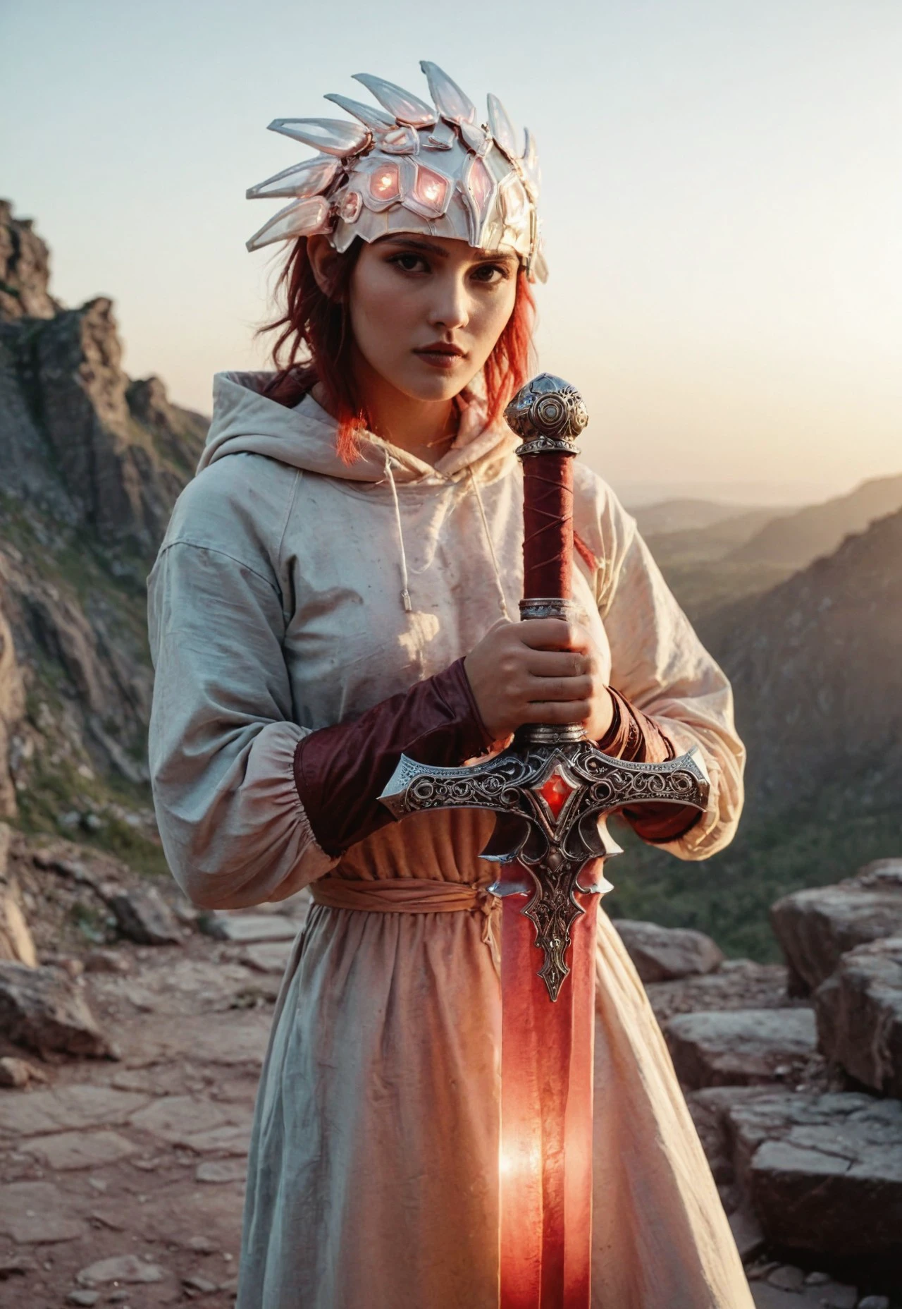 Silhouette of a woman wearing a bleaked dark-red translucent automaton helmet, detailed skin and lips, extreme Face CloseUp, looking at Viewer, intricate translucent technical helmet details, Red circle Background, atmospheric lighting, novuschroma60 style bokeh, The photo features faded colors, with a limited palette of gray, beige, and washed-out red, capturing her cool, striking appearance.. cinematic composition, soft shadows, national geographic style,