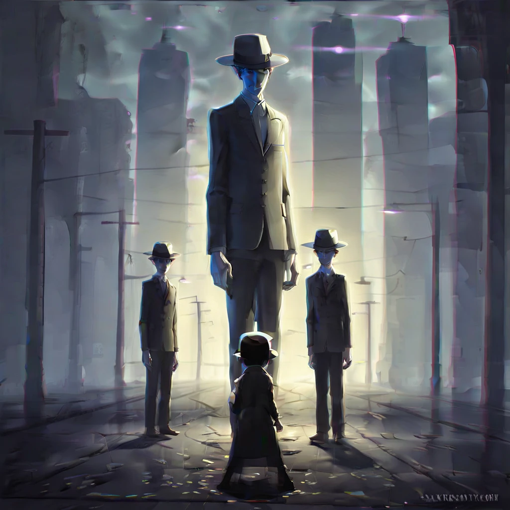 Man in a city, fedora, Glowing eyes, Pale gray skin, standing, 2boys