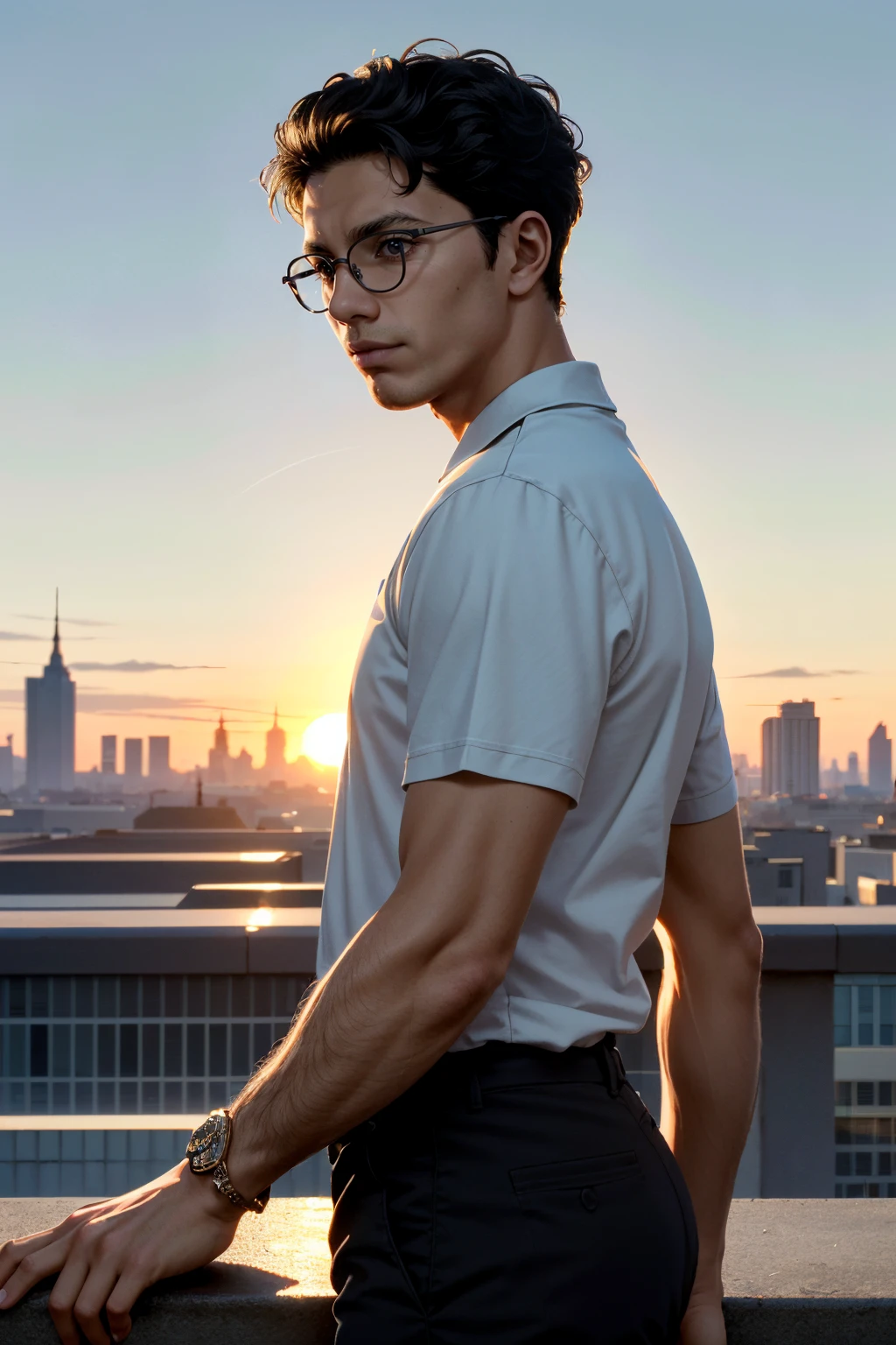 ((ultra detailed, masterpiece, absurdres))
<lora:MOMBrad:0.8>
MOMBrad, 1boy, dark skin, glasses, short hair, looking at viewer, Urban rooftop setting, city skyline in the background, golden hour lighting