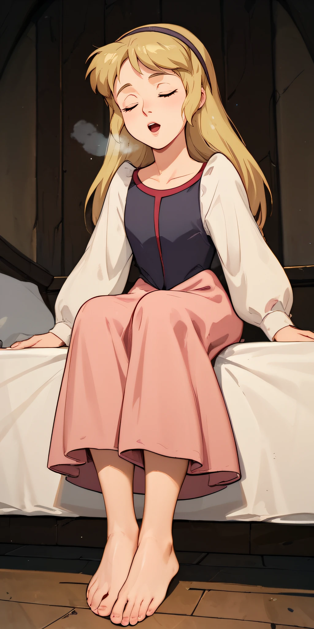 score_9, score_8_up, score_7_up, rating_safe, intricate details, 1girl, solo, retro artstyle, <lora:Princess_Eilonwy:1>, eilonwy, closed eyes, hairband, long sleeves, dress, pink skirt, looking at viewer, breathing, full body, barefeet, sitting at bed, from below, feet focus, open mouth